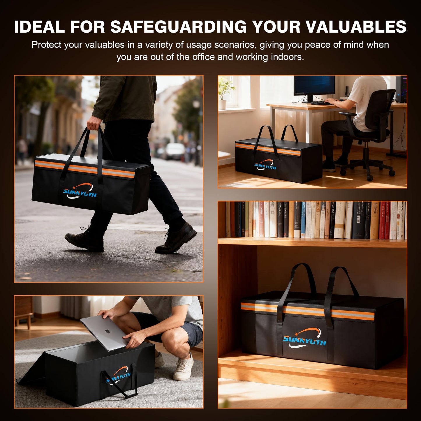 Large Fireproof Document Bags, 24x12x12" Waterproof Storage Firesafe Bag, Large Capacity Waterproof Photo Storage Box with Reflective Strip for Valuables & Passport, Silicone Coating & Zipper Closure