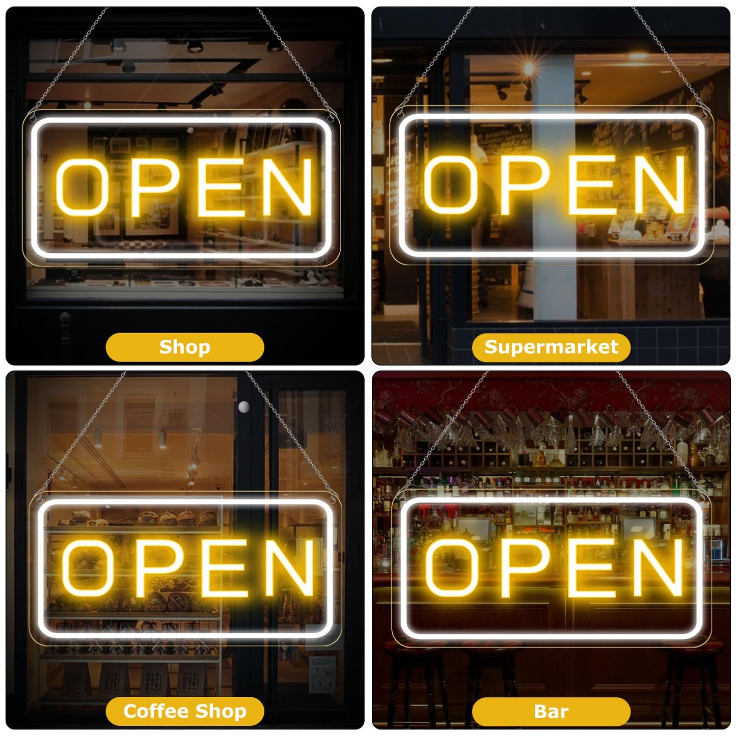 22.8"x 11.8" Ultra Bright 12V Neon Open Sign for Business, LED Open Neon Sign, Electric Light up Signs for Stores, Restaurants Offices Retail Shops Window (Yellow-White-Horizontal)