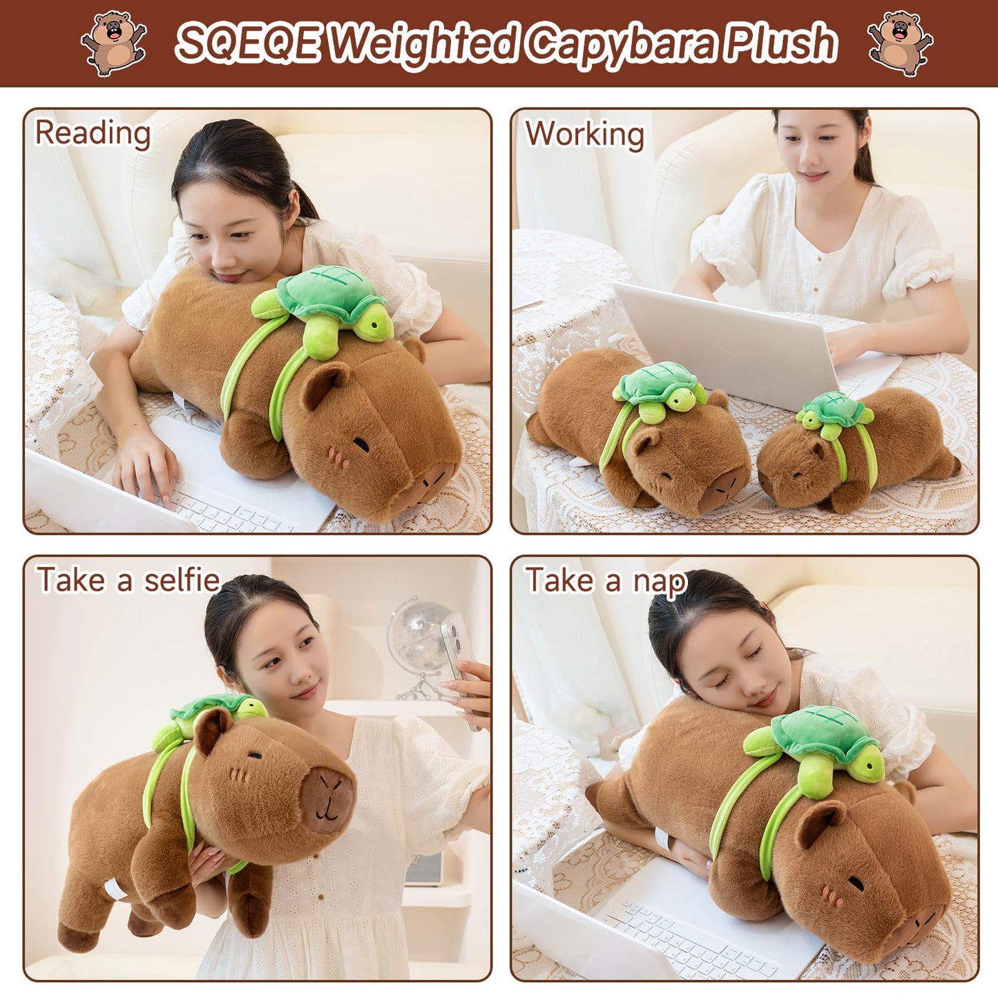SQEQE Weighted Stuffed Animals Capybara with Turtle Backpack, Weighted Capybara Plush, Cute Plushies Pillow Toy for Bed Time, Christmas & Valentines Gift 23.6 Inch 3.8 Lbs