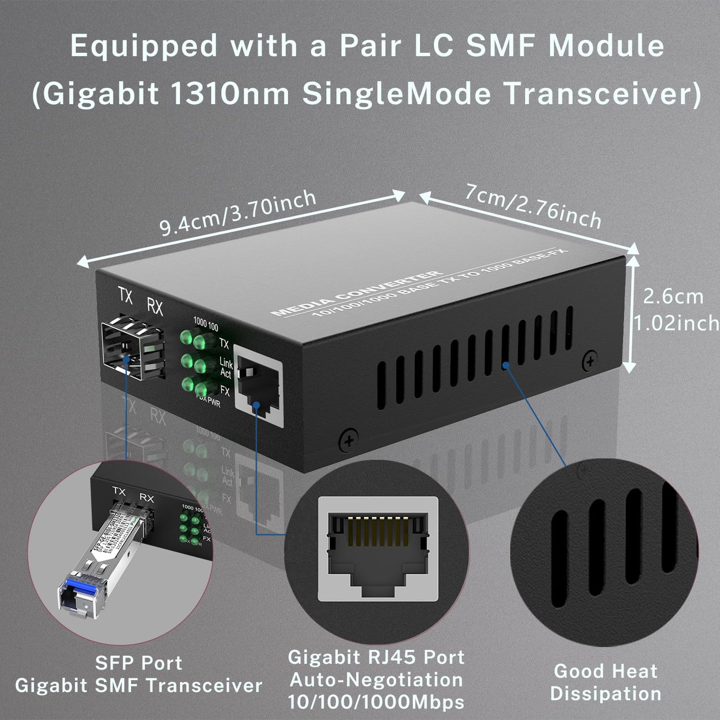 FTTPVIPS A Pair of 1.25G/s Bidi Gigabit Single-Mode Fiber Ethernet Media Converter with 2PCS Bidi SFP LC Transceiver Module Included, 10/100/1000Base-Tx to 1000Base-SX SMF RJ45 to SFP Slot up to 30KM