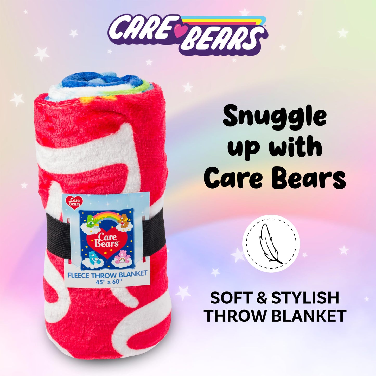 Silver Buffalo Care Bears Rainbow Heart Logo Featuring Cheer, Bedtime, and Tenderheart Bear 45” x 60” Fleece Throw, Soft and Cozy Blanket, 180 GSM
