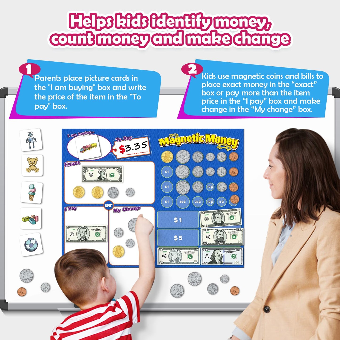 60 PCS Magnetic Money for Kids for Learning, Math Manipulatives, Learning & Education Toys for Classroom, Pretend Play, Math Games for Toddler, Teacher and Homeschool Supplies