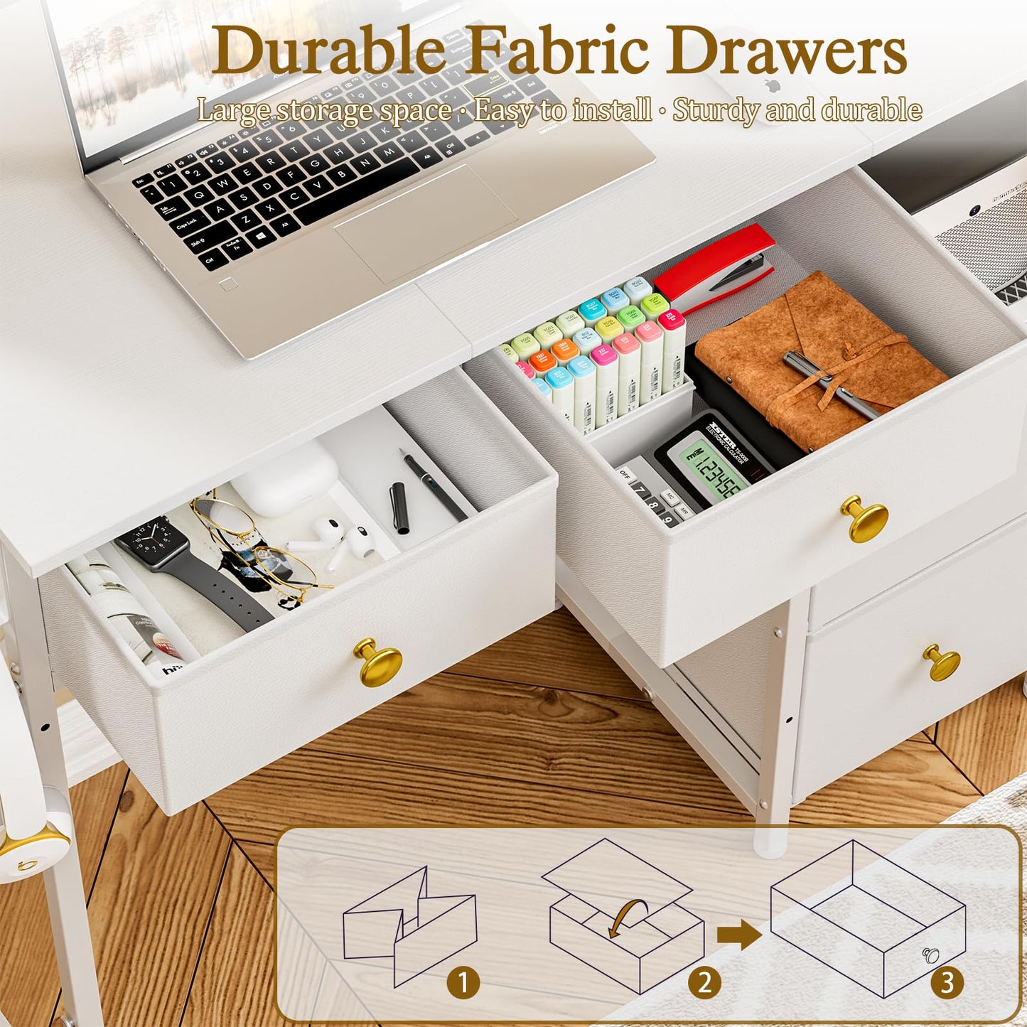 3IngSeagulls Small Computer Desk with 4 Fabric Drawers, Simple Writing Desk for Home Office, Compact Study Desks for Small Spaces, Kids Desk Study for Bedroom, White