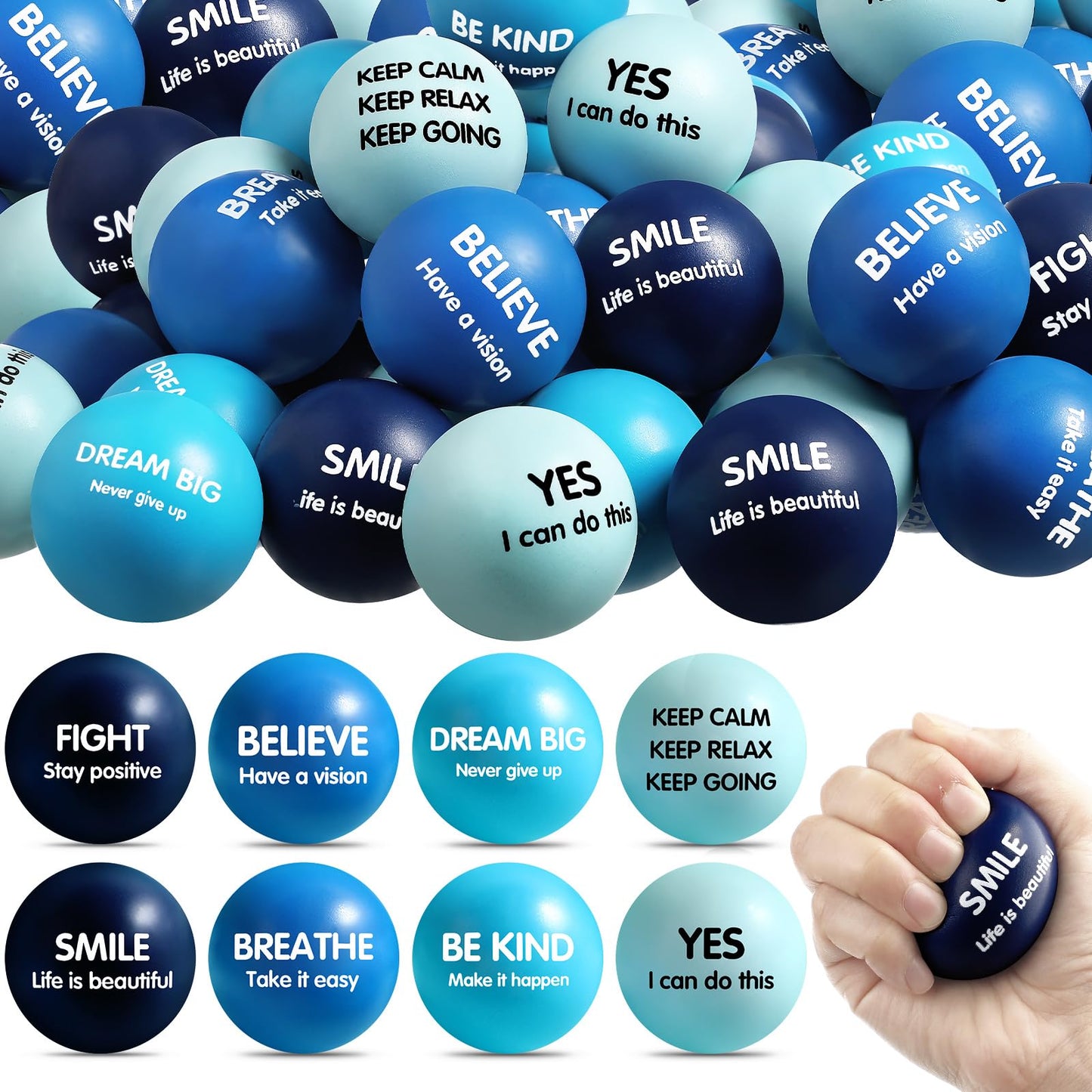 Liliful 48 Pieces Motivational Stress Balls Bulk for Adults Fidget Toys End of The Year Gifts Inspirational Squeeze Balls Employee Appreciation Gift Adult Goodie Bag 2. 2 Inch(Blue)