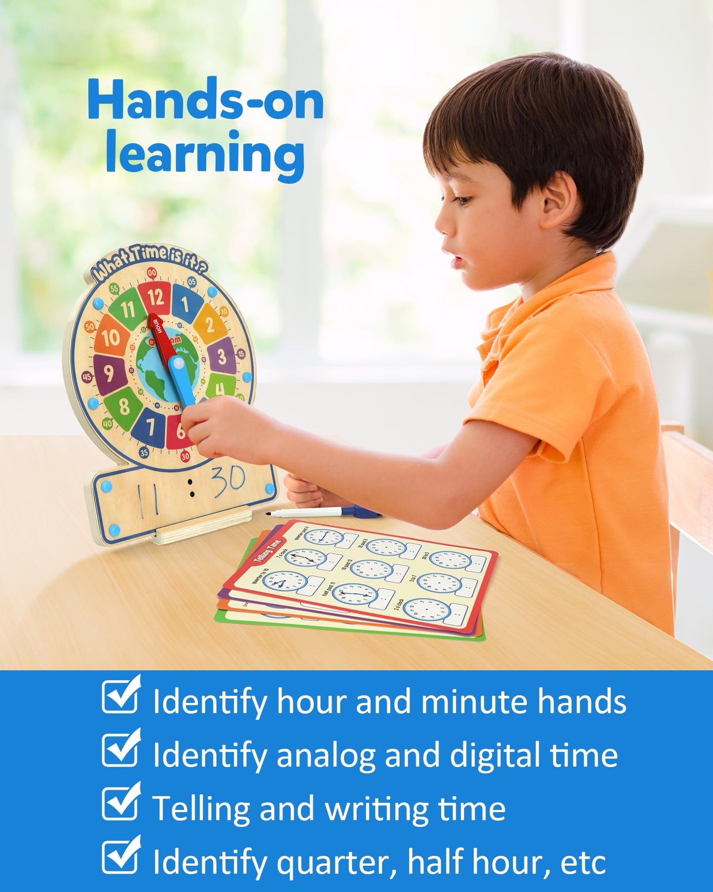 Coogam Wooden Clock Teaching Time Toy, Analog Digital Clock with Fly-Telling Board Game, Learning Educational Toy for 3 4 5 Year Old Homeschool Classroom Kids