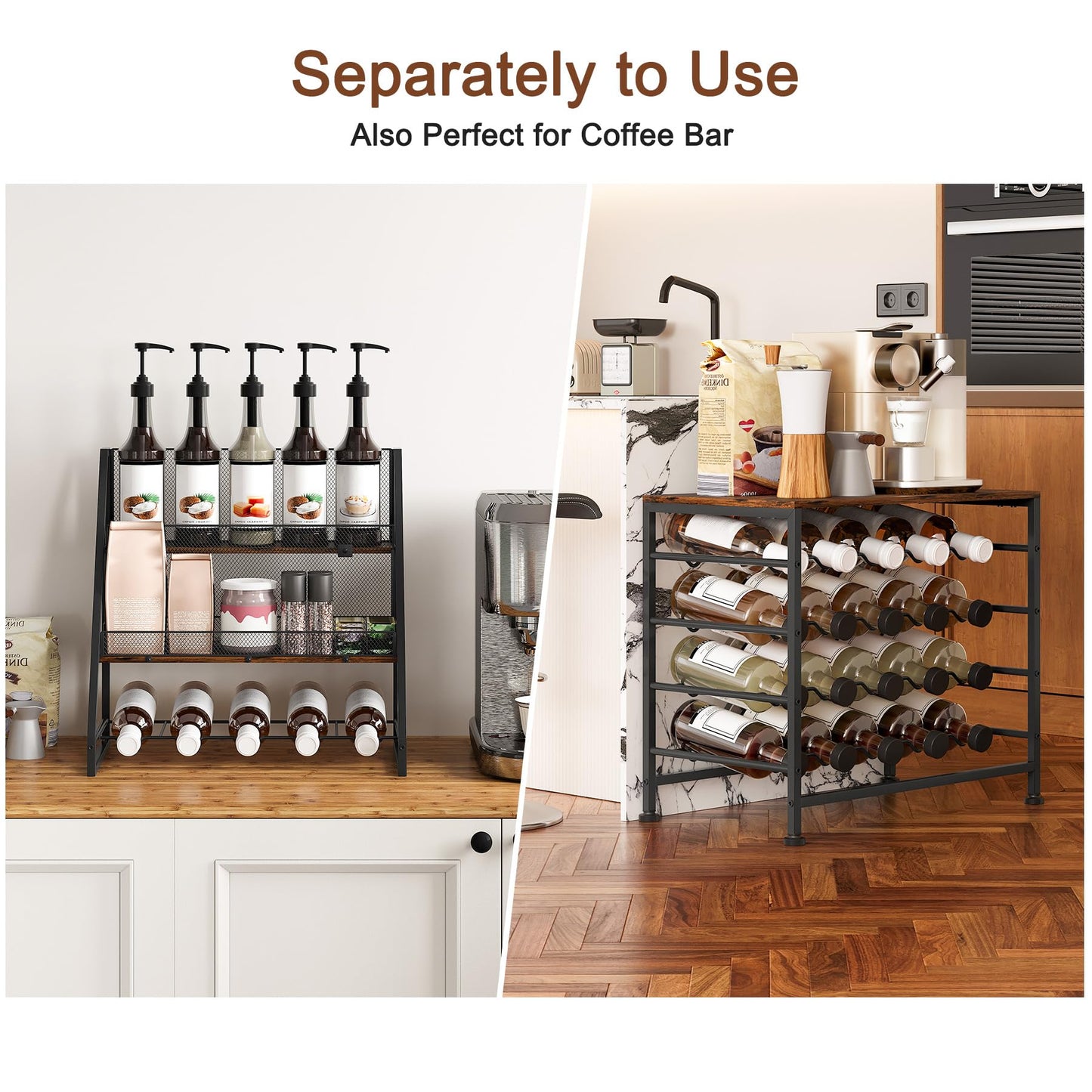 TQVAI Wine Rack Freestanding Floor Modular Split 40 Bottles Vertical Countertop Wine Racks Tall Liquor Bottle Display Shelf with Hidden Cork Organizer for Home Bar, Black/Antique