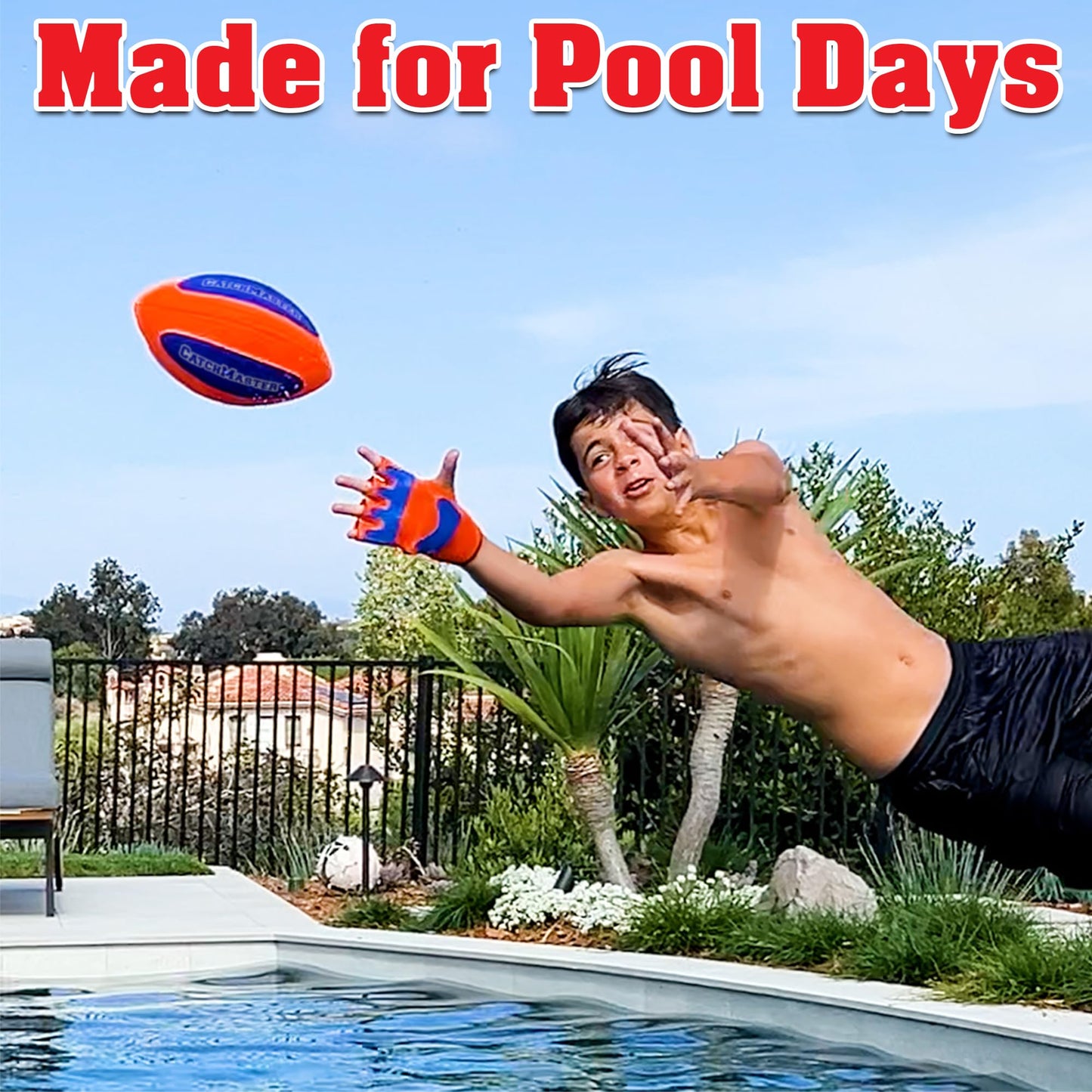 CatchMaster Water Football Set – Pool & Beach Easy Catch Hook-and-Loop Ball + 2 Gloves, Waterproof Outdoor Backyard Game