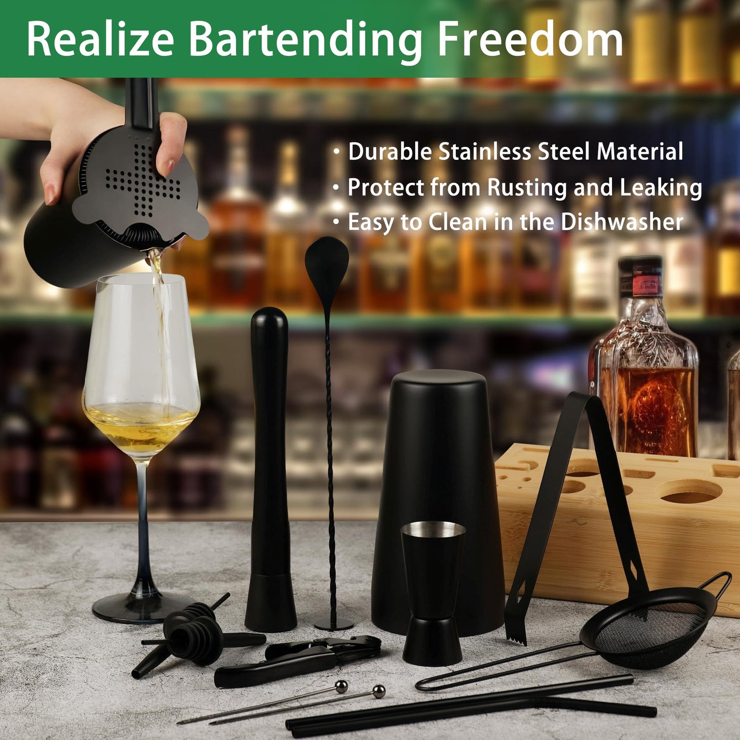 JWJIUEJIU Cocktail Shaker Set, 15-Piece Boston Shaker Bartender Kit, Bar Set Accessories, Professional Bartending Kit Home Black Bar Tools Set with Recipes Booklet (Matte Black, Wood Stand)