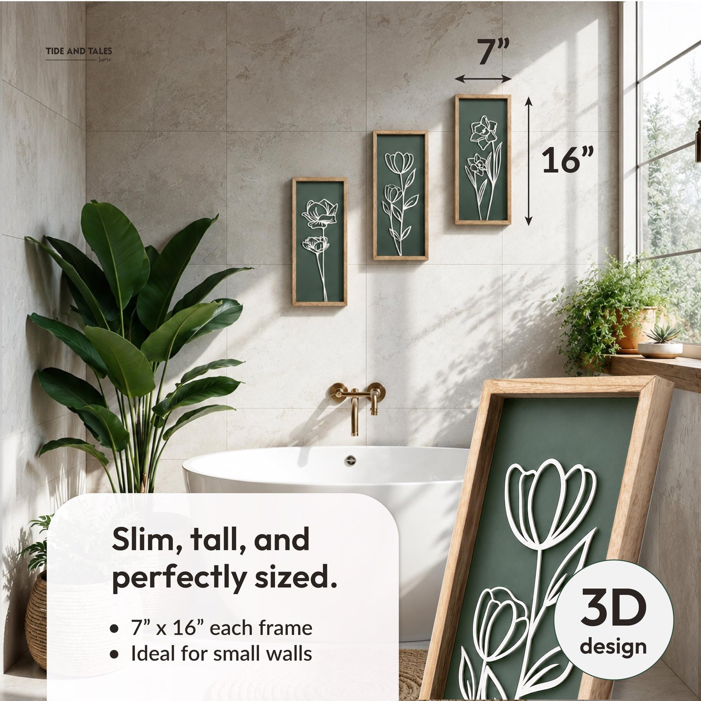 3D Floral Green Wall Art (Set of 3) Lightweight, Wooden Ready-to-Hang Boho Framed Wall Art for Bathroom, Master Bedroom, Living Room or Office - Premium Sage Green Farmhouse Decor - Gift-Boxed