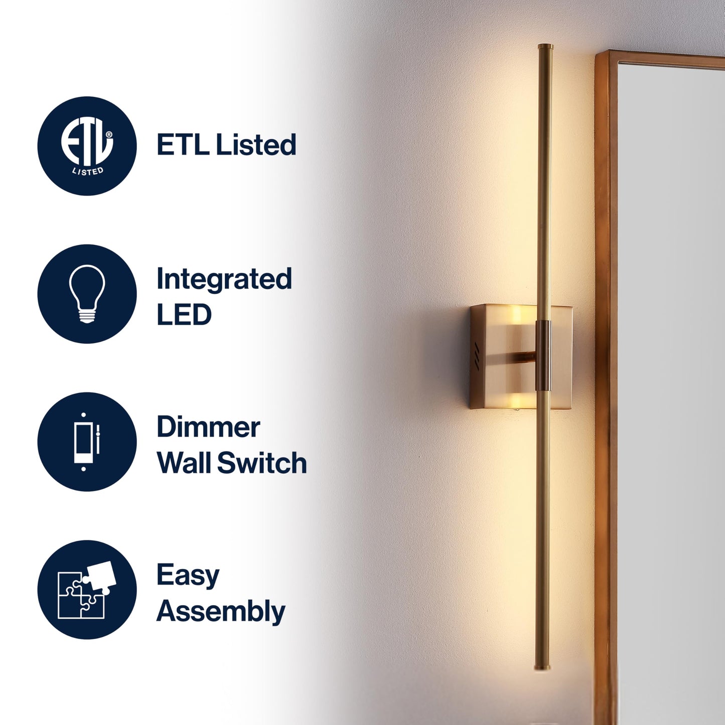JONATHAN Y JYL7022B Makena 28" Dimmable Integrated LED Modern Metal Wall Sconce Contemporary Minimal 3000K 10W Bulbs Entryway Lobby Bathroom Bedroom Living Room, Gold