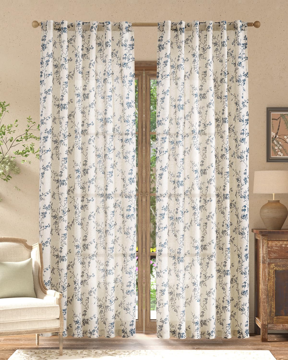 jinchan Linen Floral Curtains for Living Room 84 Inch Length Blue Printed Curtains Back Tab French Country Farmhouse Flower Patterned Drapes Bedroom Window Curtain Set 2 Panels