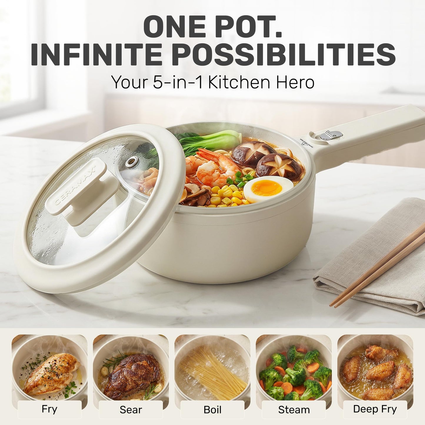 CERAMAX PRO Electric Hot Pot with Lid & Steamer, 1.5L Non Toxic Ceramic Cooker Skillet for Ramen, Eggs, Pasta for Dorms, Camping, RVs, Work, Adjustable Temp. - New Improved 2026 Model