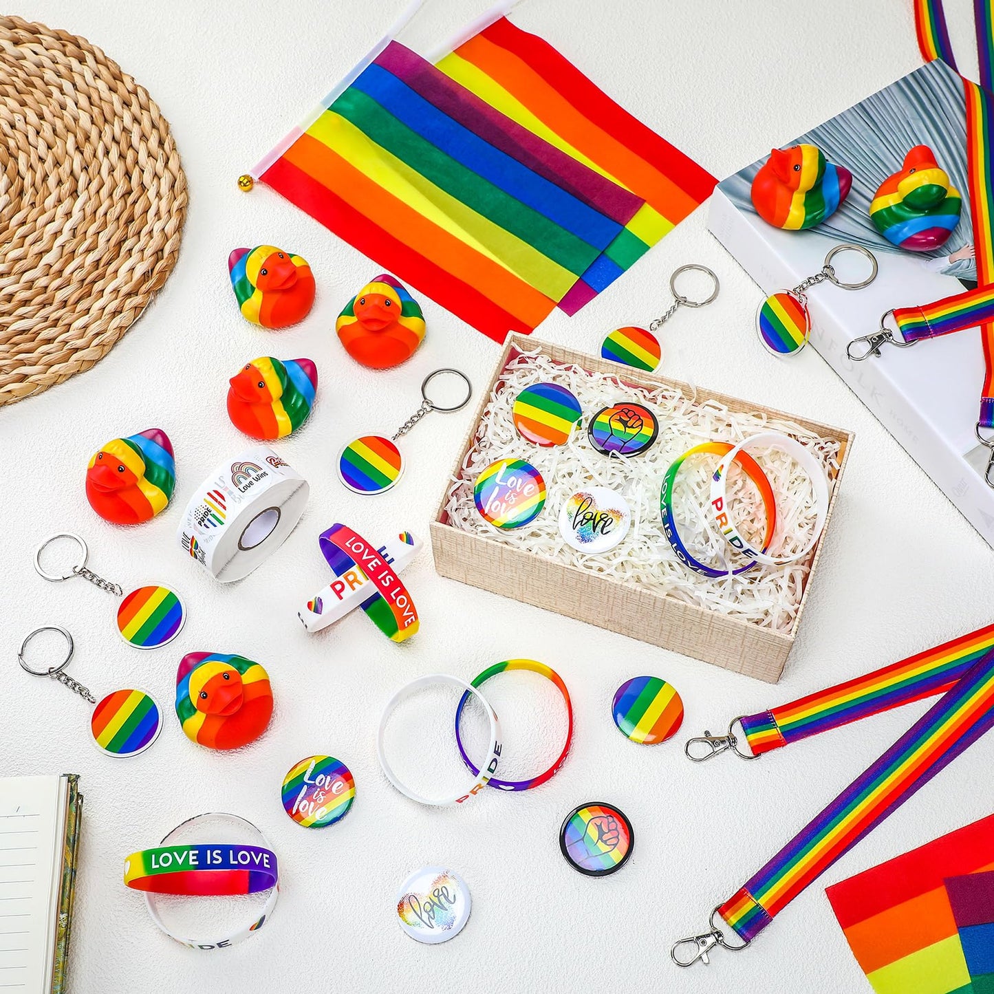 RoundFunny 1120 Pcs Rainbow Gay Pride Items Set Include Rainbow Rubber Ducks Flags Stickers Buttons Silicone Bracelets Lanyards Safety Buckles Keychains for Pride Day Month Party Accessories Supplies