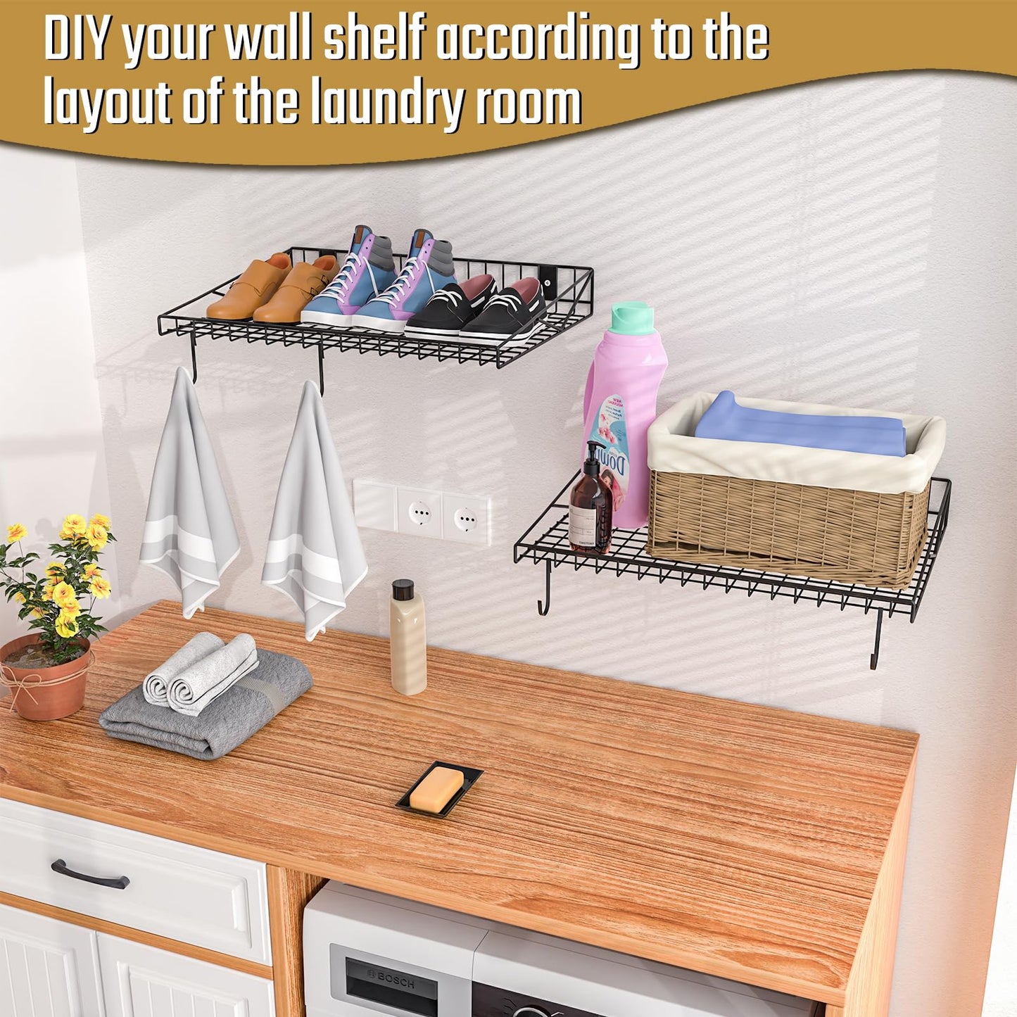 4 Pack Garage Wall Shelf, Garage Wall Mounted Shelving, Heavy Duty Floating Shelves With 8 Hooks, Loads 180 LBS Black Wall Shelves Mesh Storage Rack for Office, Basement, Wall Cabinet and Kitchen