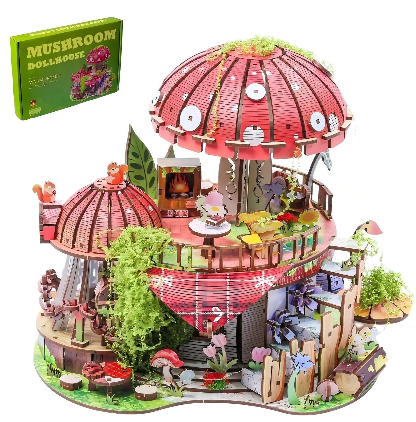 Garden Mushroom Dollhouse Book Nook Kit, DIY Miniature Wooden 3D Puzzle Dollhouse, Fantasy Bookshelf Decor Craft Building Set, Home Shelf Decoration for Adults & Teens, with String Light Edition