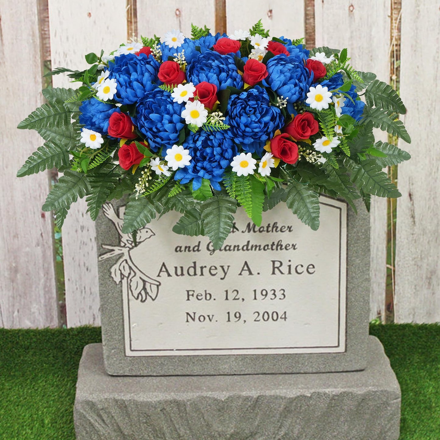 MHMJON Artificial Saddle Flowers for Cemetery Headstone, Realistic Red White Blue Flowers Fake Mums Silk Rose Floral Arrangement Saddle for Headstone Grave Tombstone 4th of July Decor