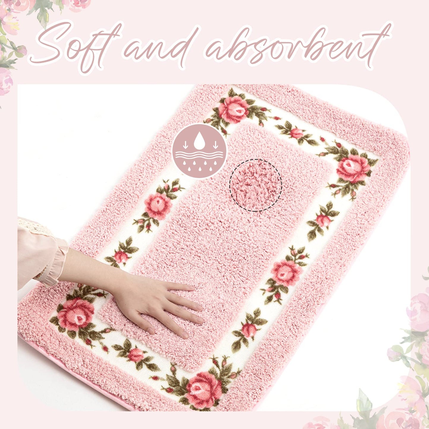 Timgle 4 Pcs Rose Flowers Coquette Bathroom Rugs Set Coquette Doom Decor Rose Flower Area Rugs Non Slip Absorbent Washable Door Mat Floral Bathroom Carpet for Home Hotel, 4 Shapes(Pink)