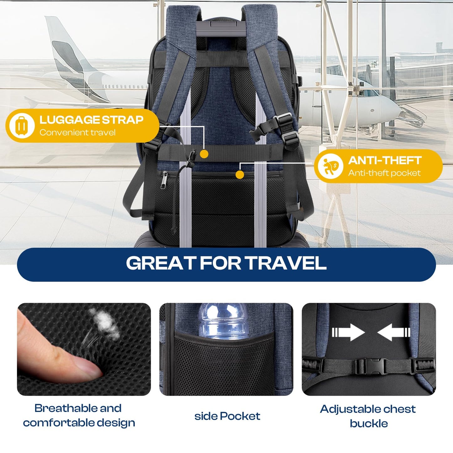 Sirmaeed Carry on Backpack, 35L-45L Expanable Travel backpack,TSA Airplane Approved, Daypack Weekender Bag Fits 17 Inch Laptop, Travel Gifts for Men, Blue