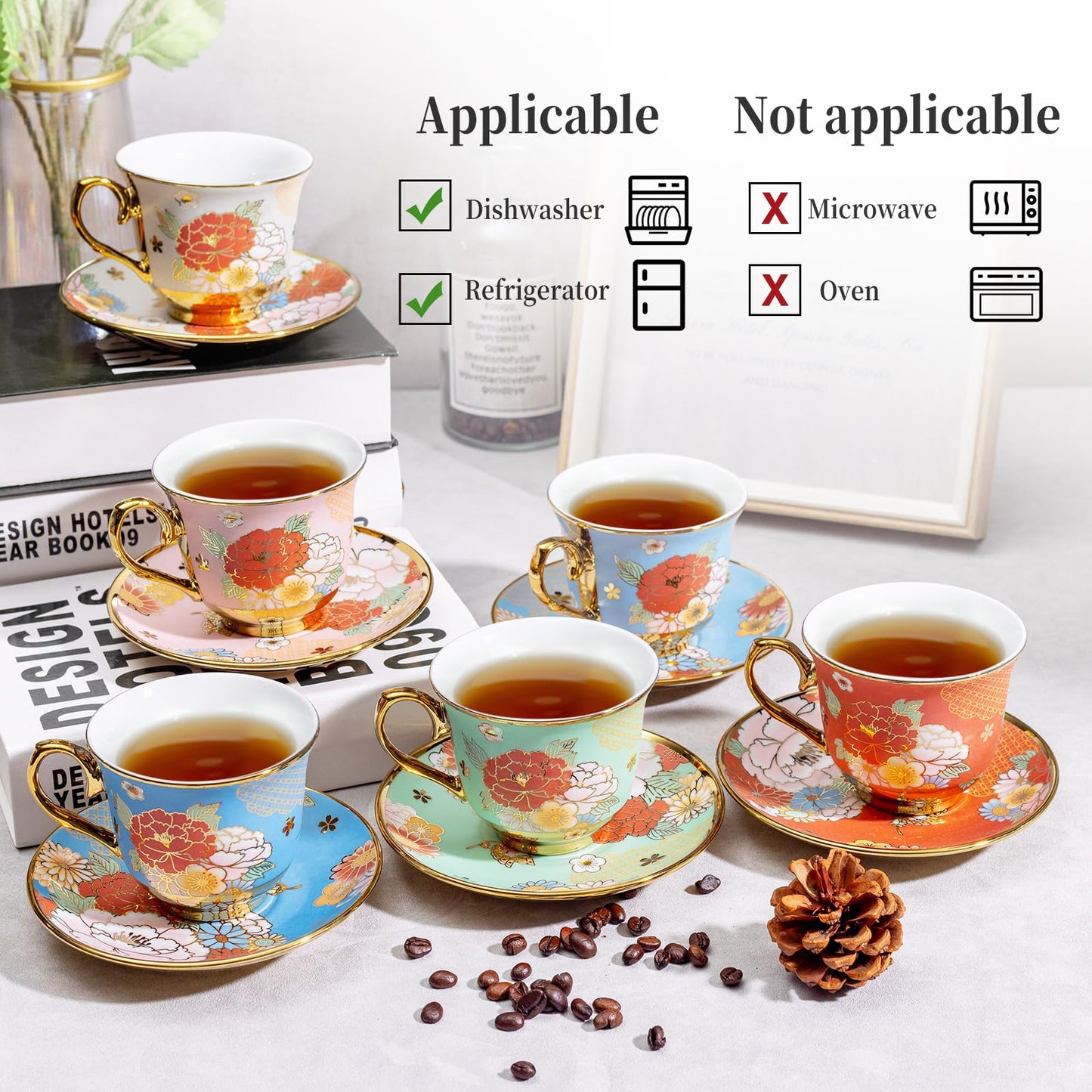 XRBEOU 8 Set Tea Cups and Saucers, 8 OZ Floral Porcelain Cup and Saucers Set for Latte Cappuccino Espresso Mocha Afternoon Tea Birthday Wedding Party Supply Christmas Gift