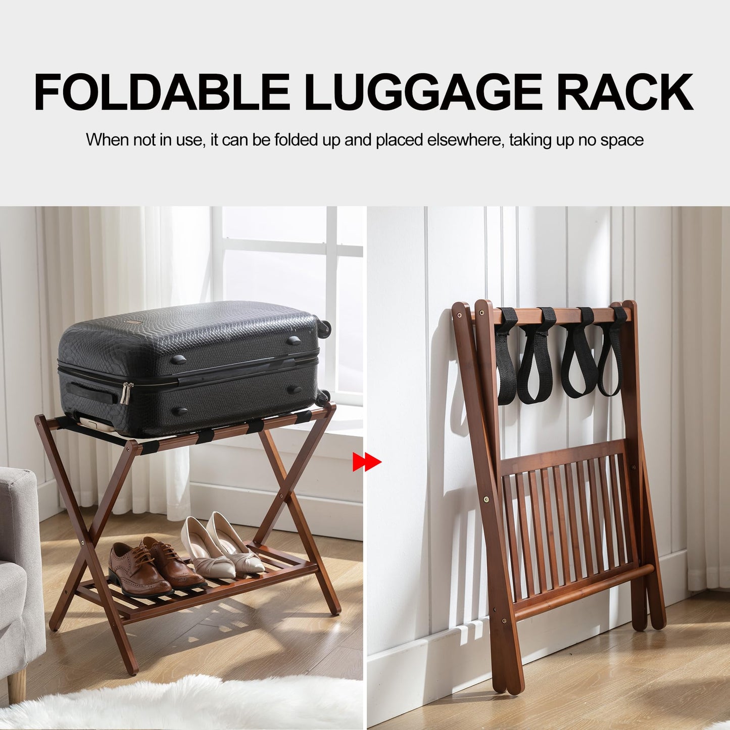 Natuvite Luggage Racks Suitcase Stand Foldable With Storage Shelf For Guest Room Hotel Essentials Solid Bamboo Heavy-Duty Item Holder Chestnut Brown