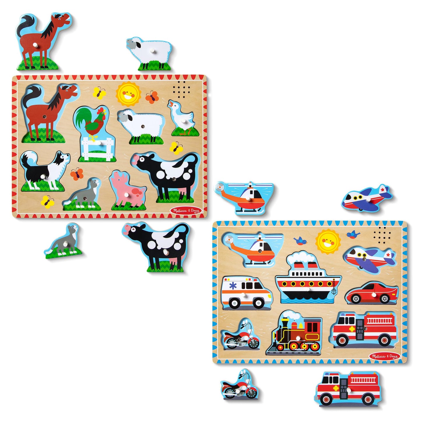 Melissa & Doug Wooden Light-Activated Sound Puzzle 2-Pack for Toddler and Preschool Boys and Girls – Farm Animals, Vehicles