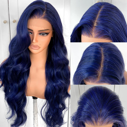 BlackSwern Dark Blue Wig 13x6 Synthetic Lace Front Wig,HD Lace Pre-Plucked Navy Blue Lace Frontal Wig,26inch Body Wave Wigs 200 Density,Pre-Plucked PLUS 1.5’’Hairline+ Flat Iron Relaxed Free Part
