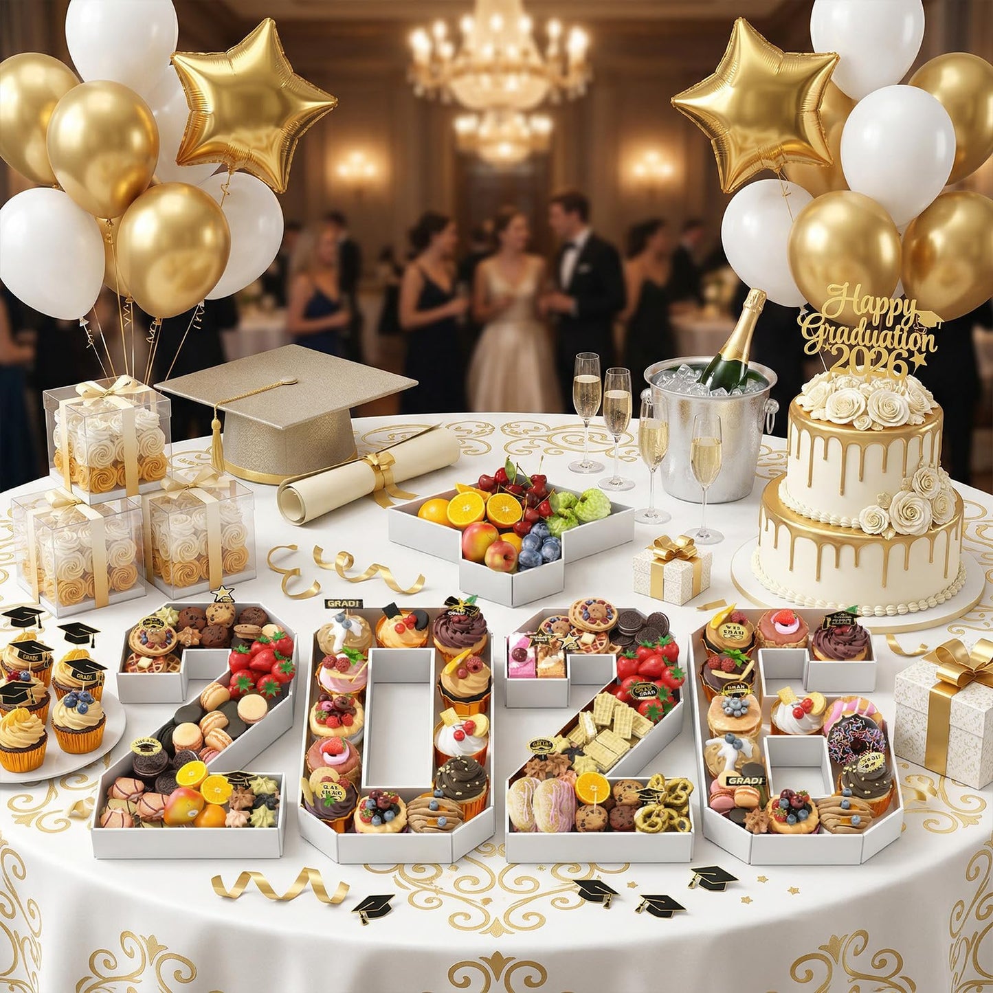2026 Charcuterie Numbers Fillable, 13.78'' White 2026 Cardboard for Charcuterie, Number 2026 Tray for Chocolate Cookies Flowers Cupcakes Box with Graduation Cap, Class of 2026 Graduation Decorations