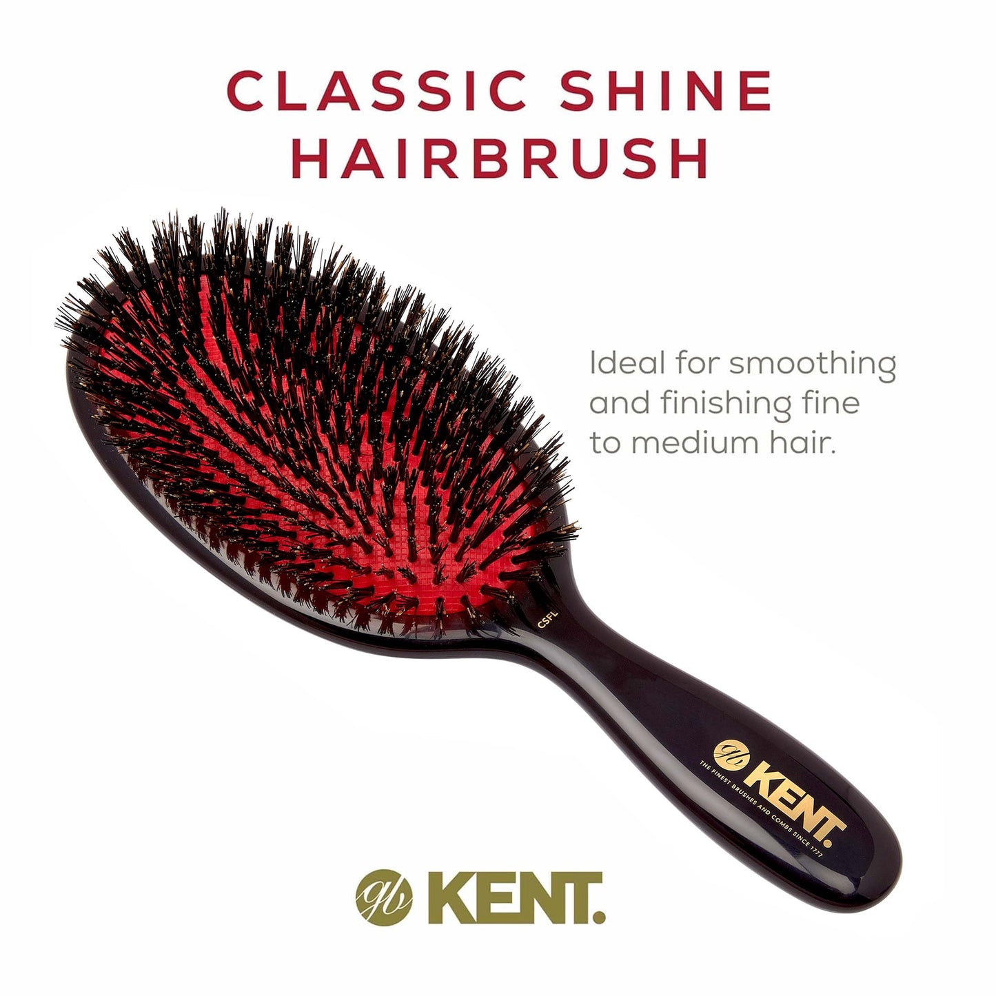 Kent CSFL Classic Shine Large Oval Cushion Straightening Brush and Hair Detangler - Natural Black Boar Bristle Hair Brush - Shine Hair Brush and Scalp Scrubber for Long Thick Hair + Hairbrush Cleaner