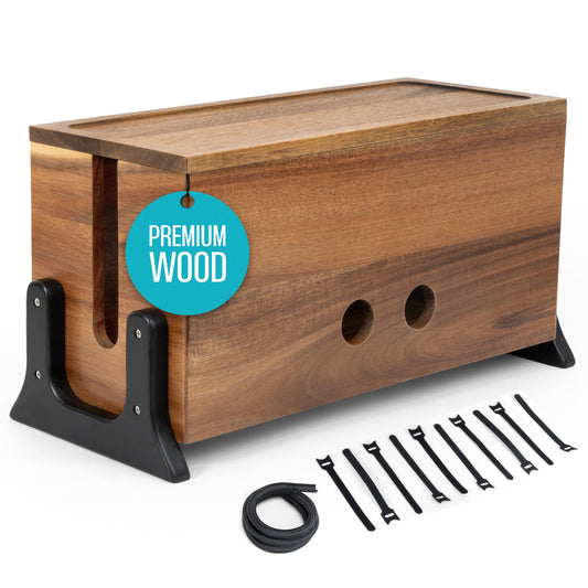 Extra Large Cable Management Box Wood Cord Organizer Box - Cable Box Organizer Cord Box Hider - Power Strip Box Hider Cable Storage Box for Office, TV Wires, Desk Cord Organizer (Solid Acacia)
