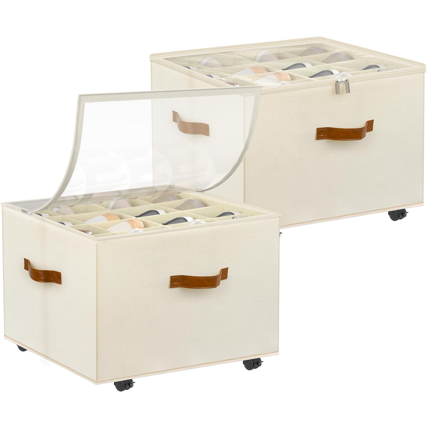 Shoe Organizer for Closet, 2 Pack Shoe Storage Organizer with Wheels and Adjustable Dividers, Stackable Shoe Storage Box with Clear Cover, Foldable Closet Shoe Organizer Fits up to 16-32 Pairs, Beige