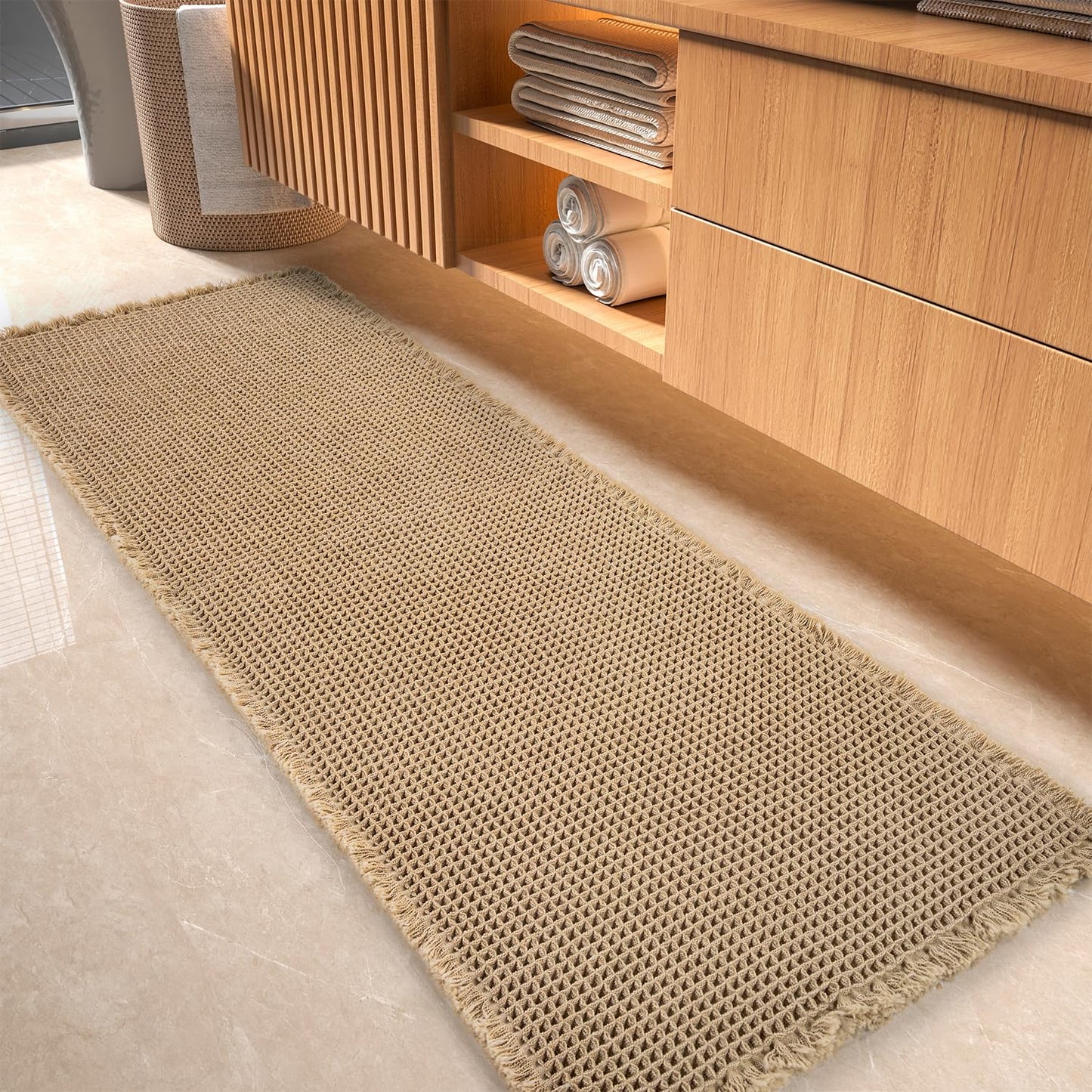 tchdio Waffle Bath Mat-Runner Rug, Super Absorbent Non Slip Bath Mats for BathroomMachine Washable Long Rugs with Tassels, Bath Rugs for Bathroom Floor Beside Tub, 2' x 5', Brown