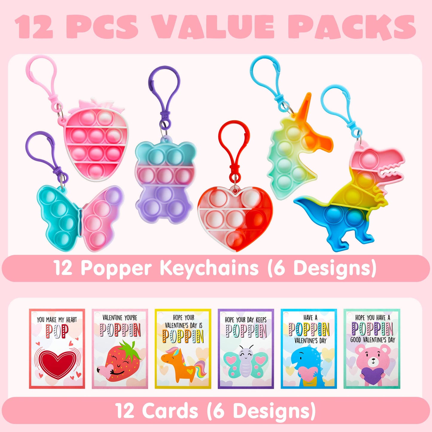 JOYIN 12 Packs Valentine's Day Cards with pop Keychain Toys, Stress Anxiety Relief Toys with Cards for Kids Valentine's Classroom Exchange Prizes, Valentine's Day Party Favors