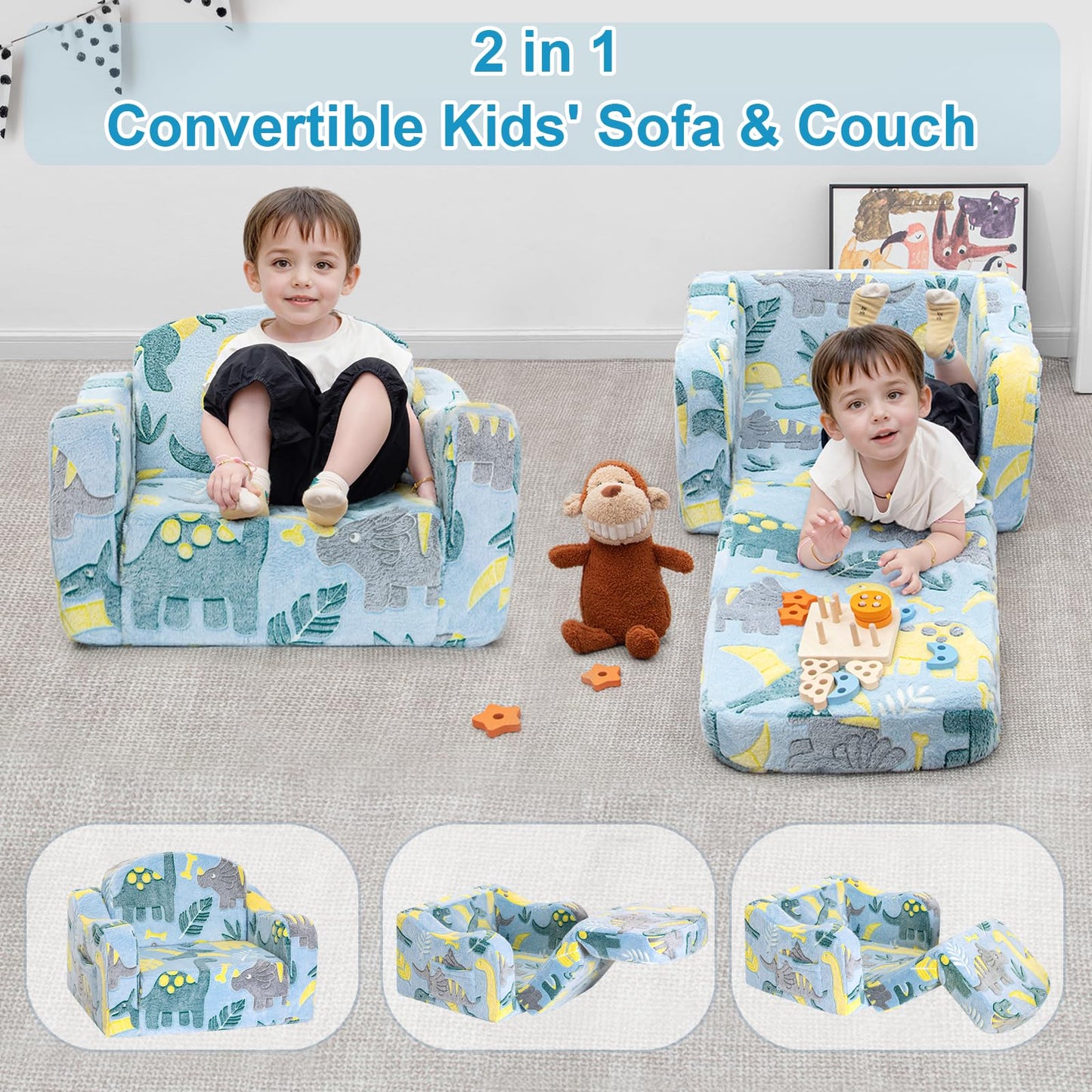 Airpanda Comfy Kids Chair and Couch with Blanket,2-in-1 Soft Fold Out Couch for Girls and Boys,Convertible Sofa Chair for Playroom, Green Dinosaur