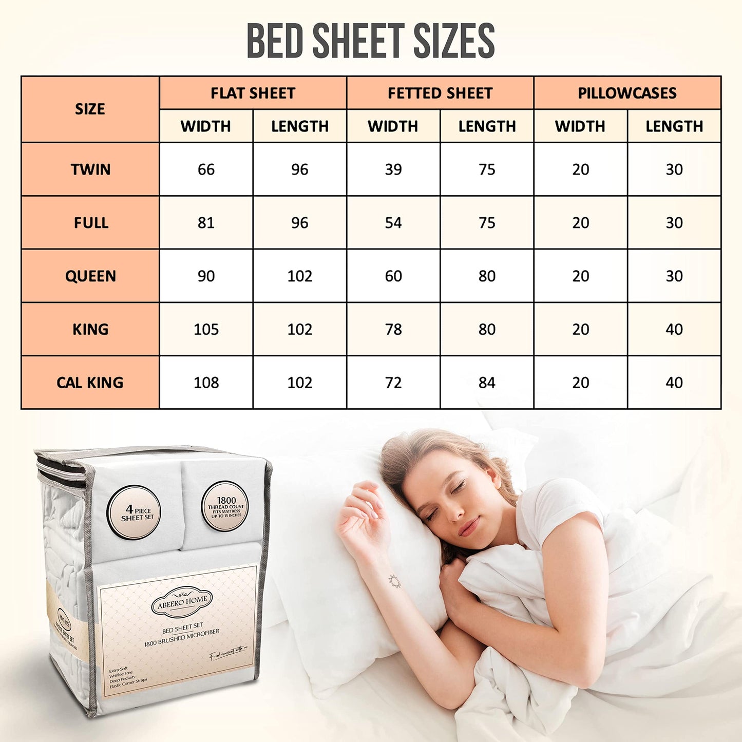 Abeero Home King Size Sheets Set Cooling - Luxury Hotel Sheets - Soft Bed Sheet with Elastic Corner Straps - Deep Pockets Microfiber Bedsheet - Bedding Sheet & Pillowcases - 4 Piece (King, White)