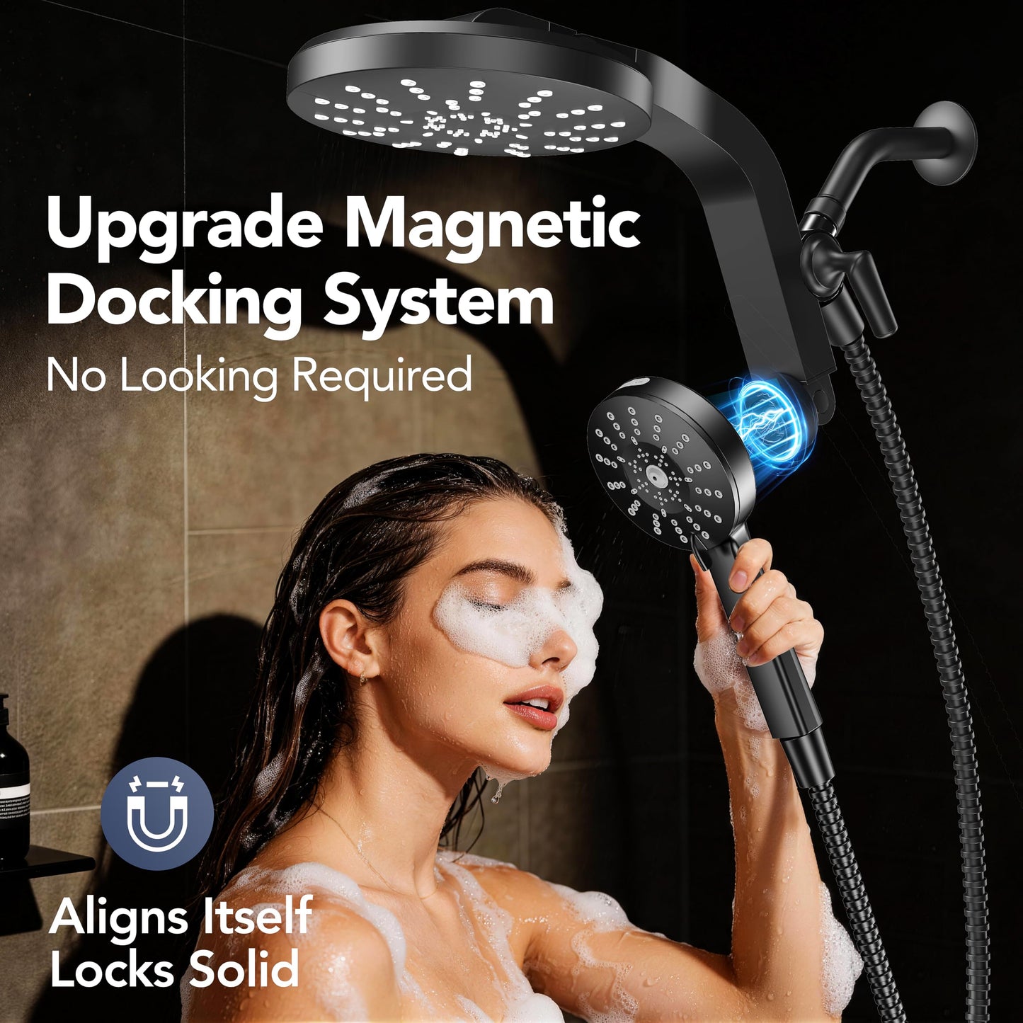 High Pressure Rain Showerhead Combo, 2026 Magnetic Shower Head Set with Detachable 8-Mode Handheld Shower Spray, Adjustable Angle Dual Shower Niche System with Built-in Magnetic Docking and Power Jets