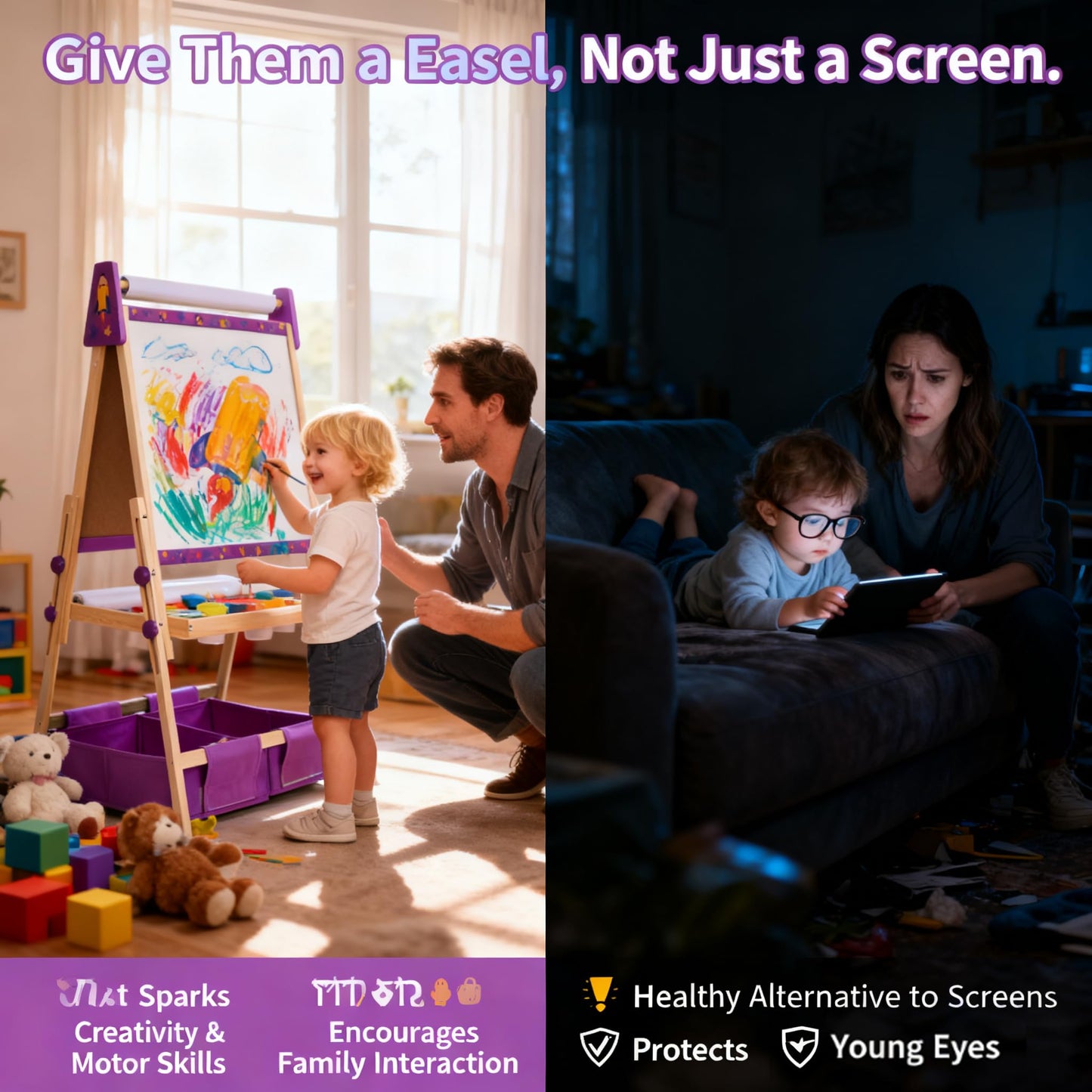 Art Easel for Kids with 3 Paper Roll, Magnetic Whiteboard and Chalkboard,Adjustable Standing Wooden Toddler Easel for Painting Double Sided,3in1 Painting Easel for Kids 2-4 4-8 Boys Girls Gift Purple