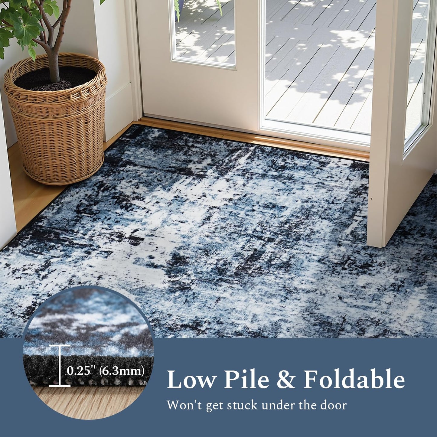 Rugflix 5x7 Area Rugs for Living Room, Washable Large Rug Stain-Resistant Low Pile, Modern Dark Carpet for Dining Room Home Office Kid Room Nursery Bedroom, Navy Blue/Black