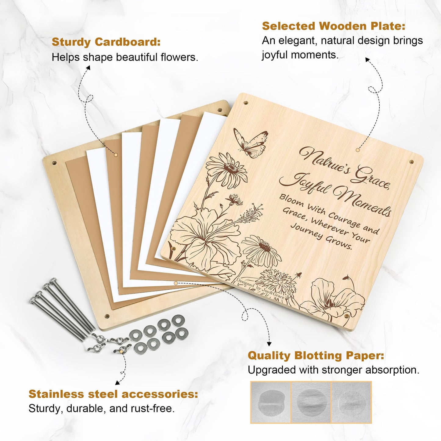 Joy&Grace Large Flower Press Kit for Adults with Designed Cover and DIY Album, 27.7 x 27.7 cm 10 Layers Plant Press and Plant Drying Toolkit, Flower Preservation Kit (Color Box, Natural Wood)