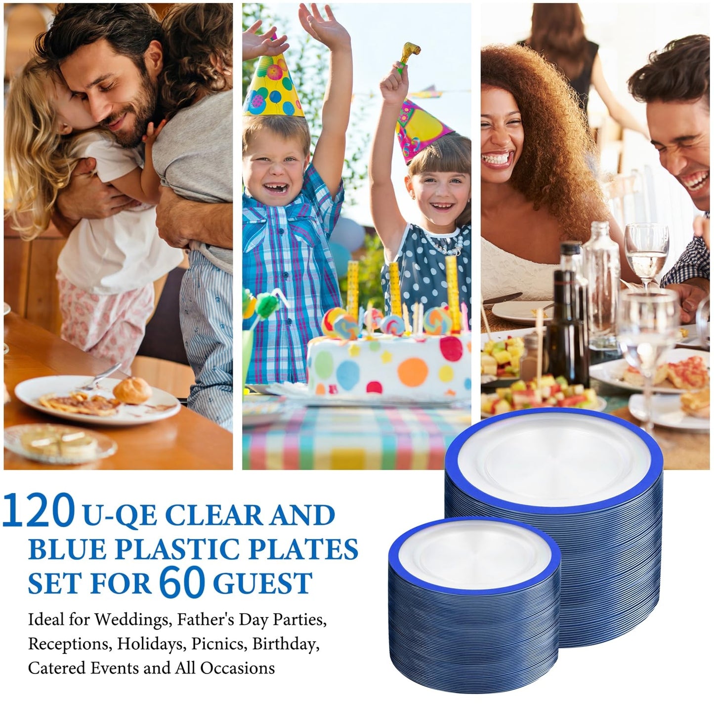 U-QE 120pcs Blue Plastic Plates for Party - Clear and Blue Disposable Plates Heavy Duty - Includes 60 10" Dinner & 60 7" Dessert Plates for Party, Birthday & Wedding