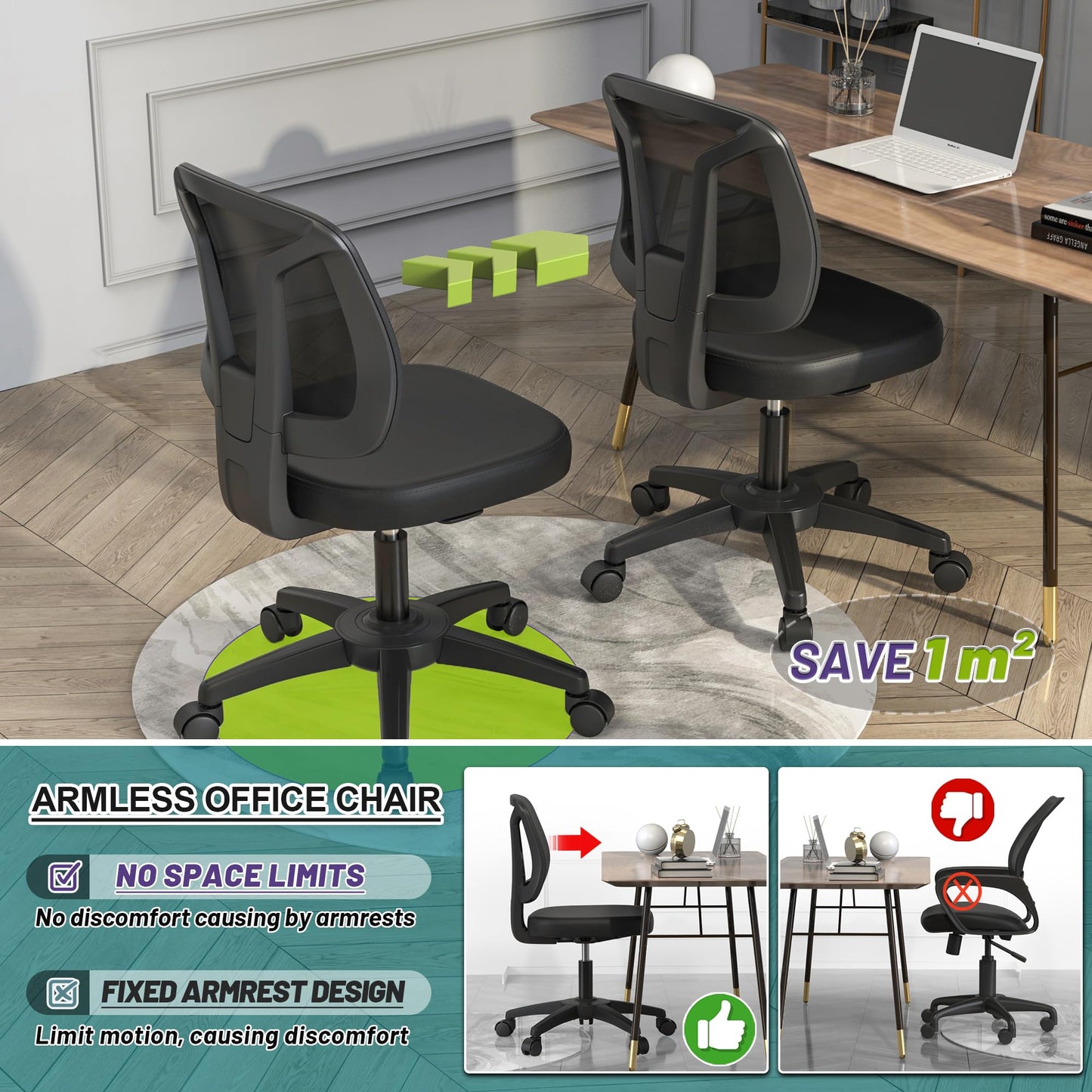 Swivel No Arms Small Home Desk Chair for Computer with Height Adjustable Lumber Support and Rotatoable Wheels for Small Spaces