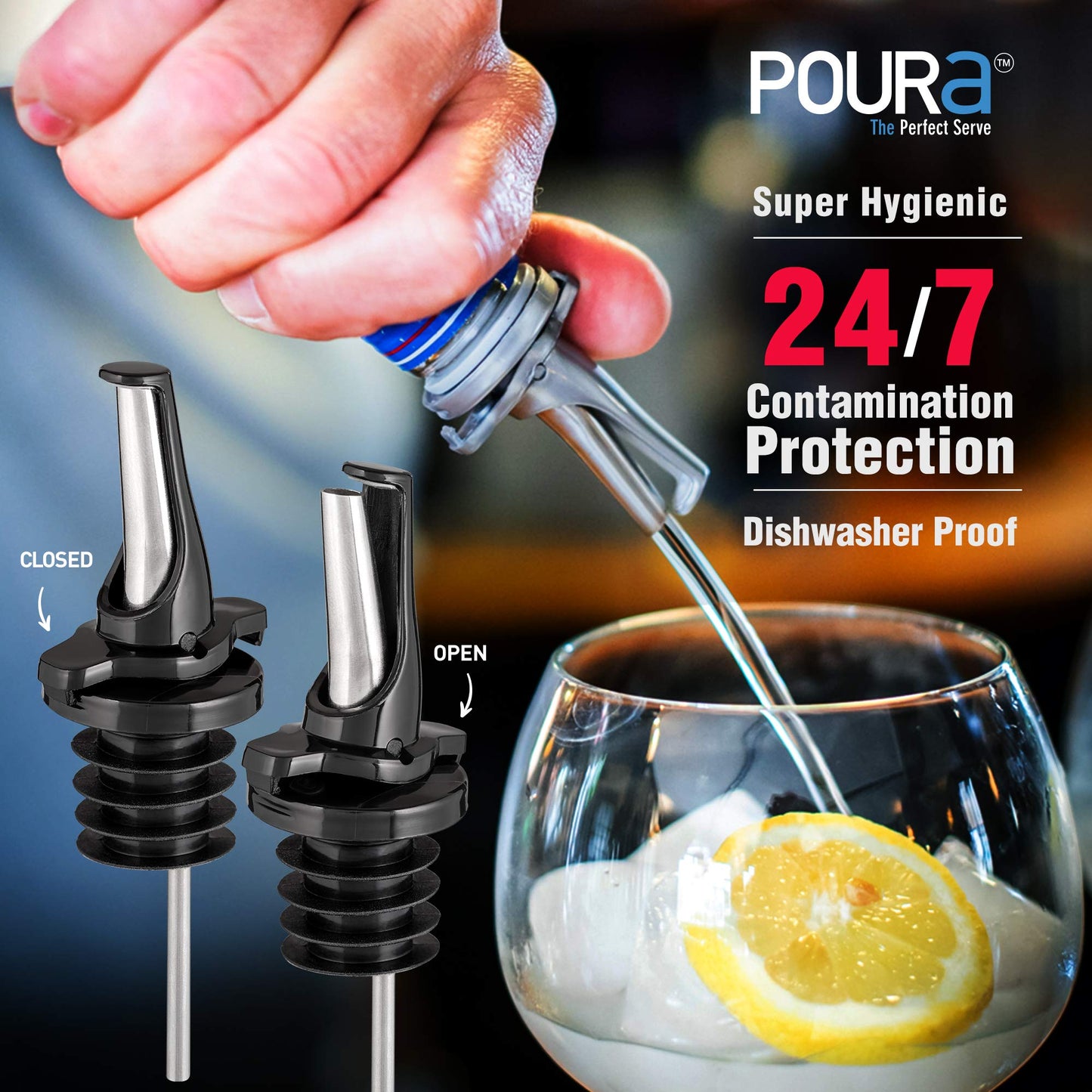 Liquor Bottle Pourers - Patented Design Pour Spouts - Open and Close for Mid Pour Shut Off - Fits Universally to Most Bottles - Meet The New Standard of Bottle Pourers - Black - 12 Pack