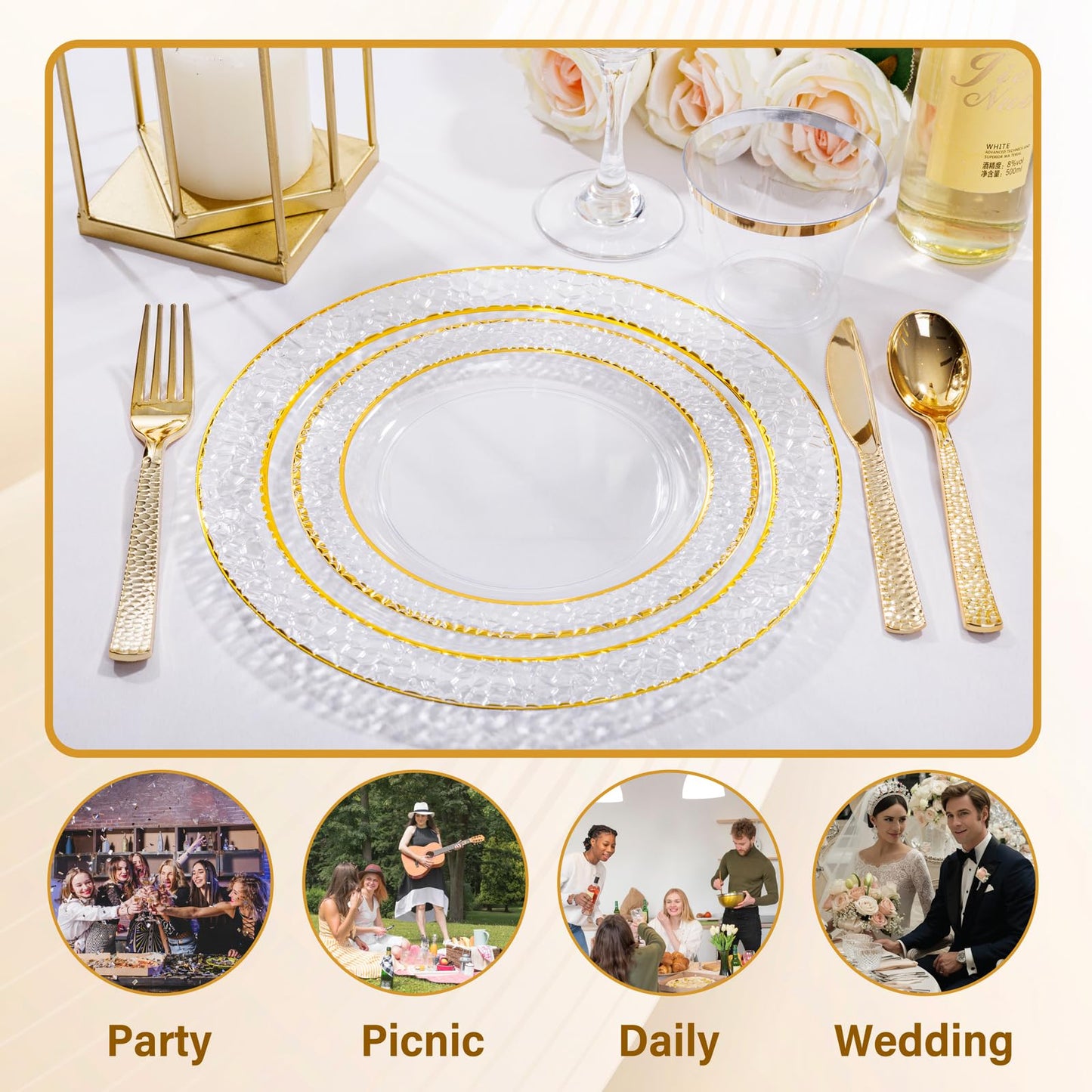 Nervure 102PCS Gold Plastic Plates - Disposable Clear Gold Party Plates Include 51PCS 10.25inch Dinner Plate & 51PCS 7.5inch Dessert Plate Perfect for Wedding & Party & Thanksgiving
