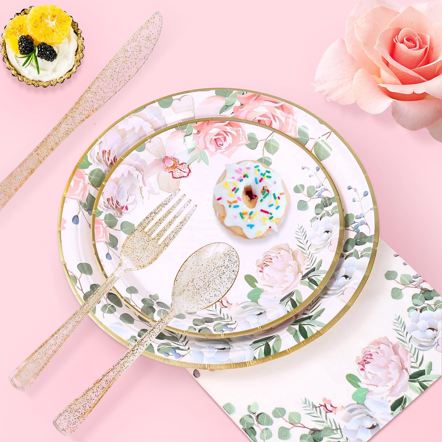 AWLZJZQA 350 PCS Floral Plates and Napkins Party Supplies Serve 50 Flower Disposable Paper Dinnerware Sets for Adults Bridal Shower Decorations Baby Shower Birthday Wedding Engagement Tea