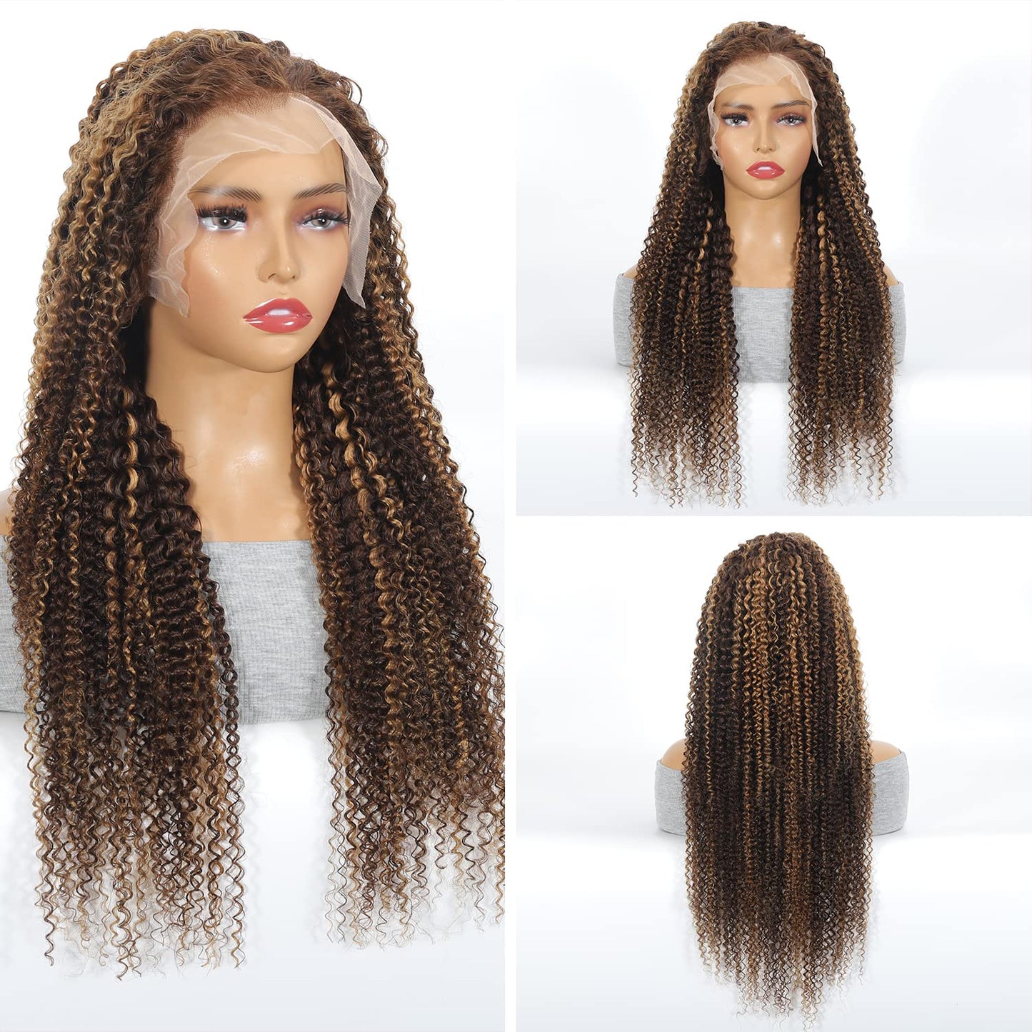Juvid 13X6 Highlight Deep Wave Lace Front Wig Ombre Honey Blonde 13x6 Curly HD Lace Frontal Wig for Women 180% Density Glueless Jerry Curly Wig Pre Plucked Realistic Looking P4/27 Color 26 Inch