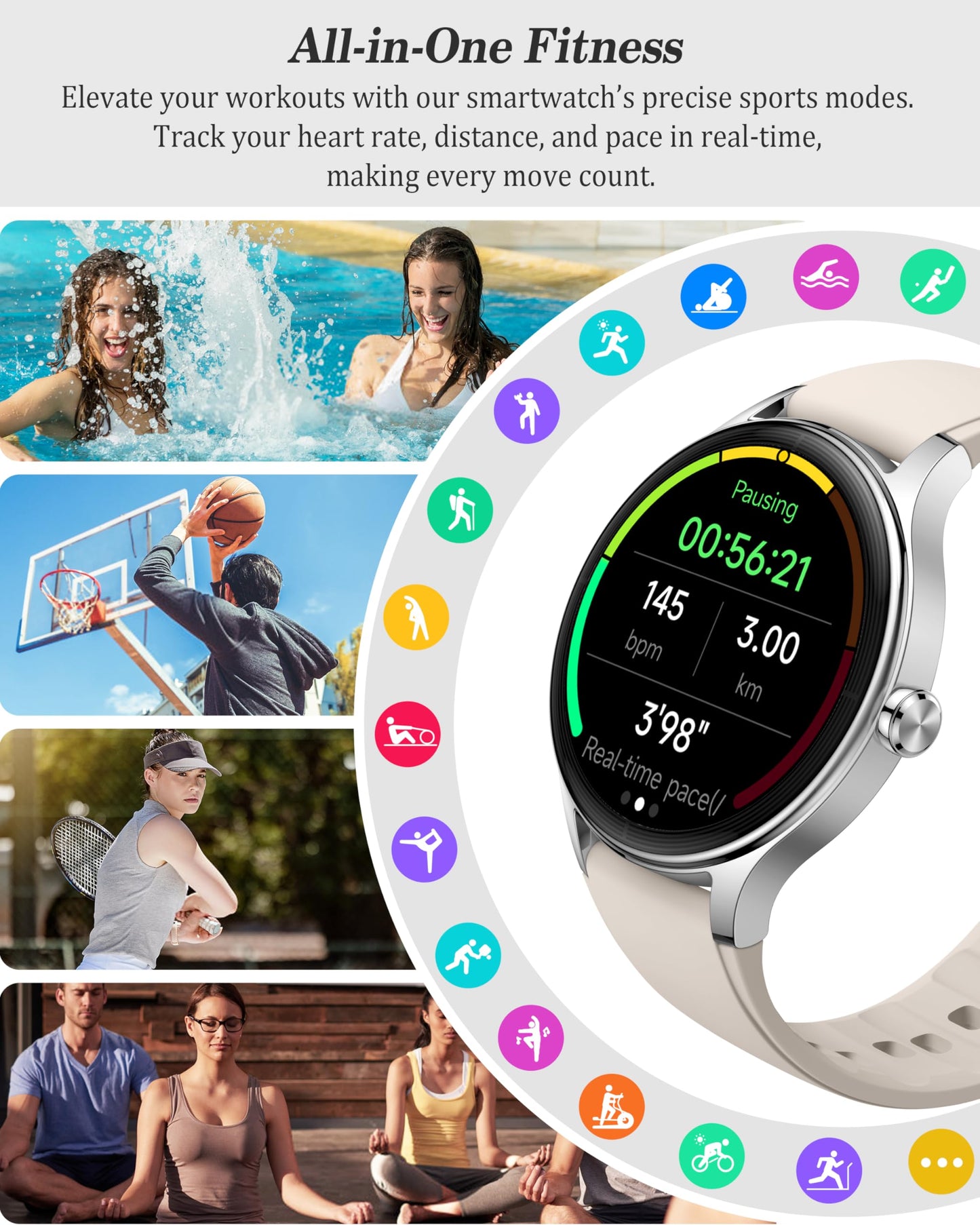 ZOSKVEE Smart Watch, 41mm Fitness Tracker, Answer/Make Calls, Digital Smartwatch with Heart Rate/Stress/Sleep Monitor, AI Voice, IP68 Waterproof Watch Calculator, Calendar, Games for Lady Women & Men