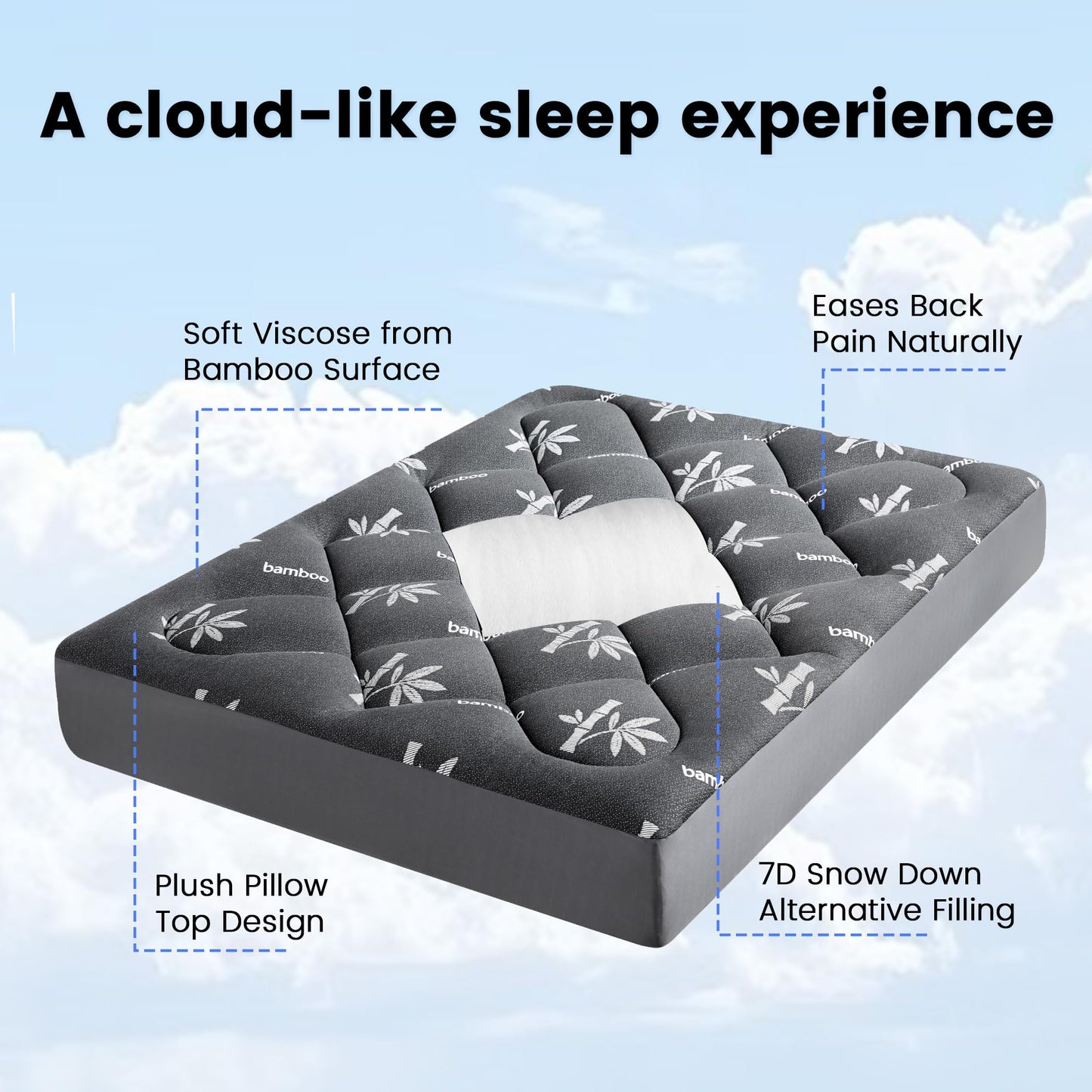 Mattress Topper Queen Size - Viscose Made from Bamboo Pillow Top Mattress Pad with Deep Pockets - Soft Mattress Topper for Back Pain Relief(60"x80",Black)