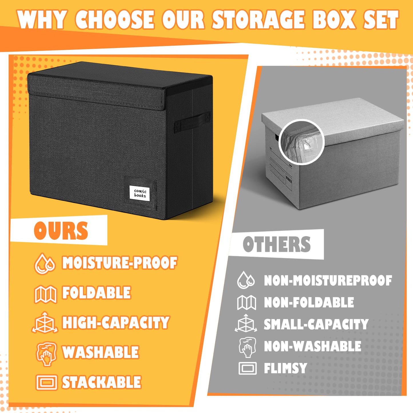 Leffis 4 Pack Comic Book Storage, Collapsible and Stackable Comic Short Box, Moistureproof Comic Box with Lid and Label Slot 15.5" X 7.5" X 11.3" Holds 150 Comics