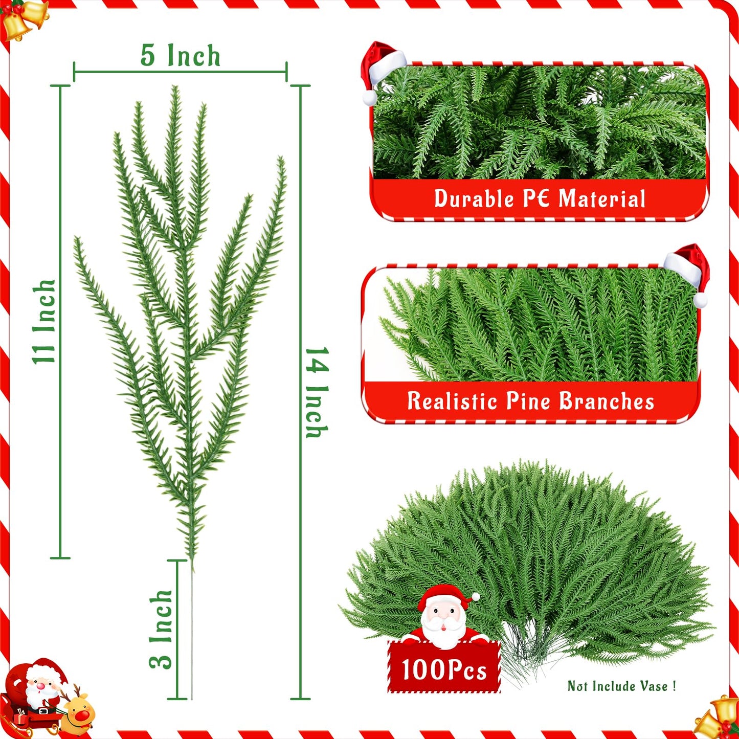 100 Pcs Christmas Norfolk Pine Branches, Christmas Greenery Stems, Artificial Pine Branches DIY Crafts Faux for Xmas Wreath Garland Indoor Outdoor Home Kitchen Garden Holiday Accessories Decor
