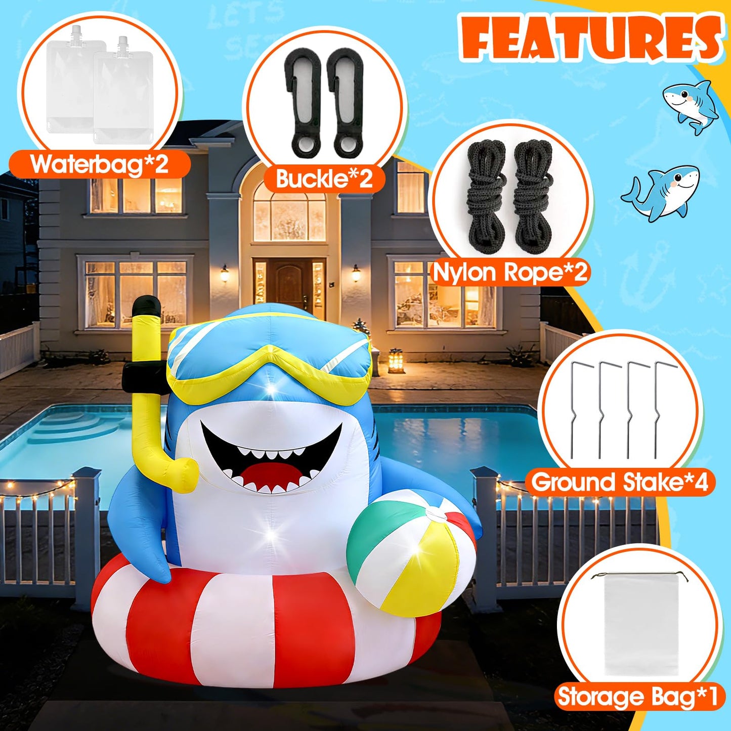 4FT Inflatable Shark with Beach Ball for Summer Outdoor Decor, Blow Up Shark Built-in 3 LED Lights for Beach Pool Ocean Party Decorations, Birthday Party Supplies, Yard Garden Indoor Photo Backdrop