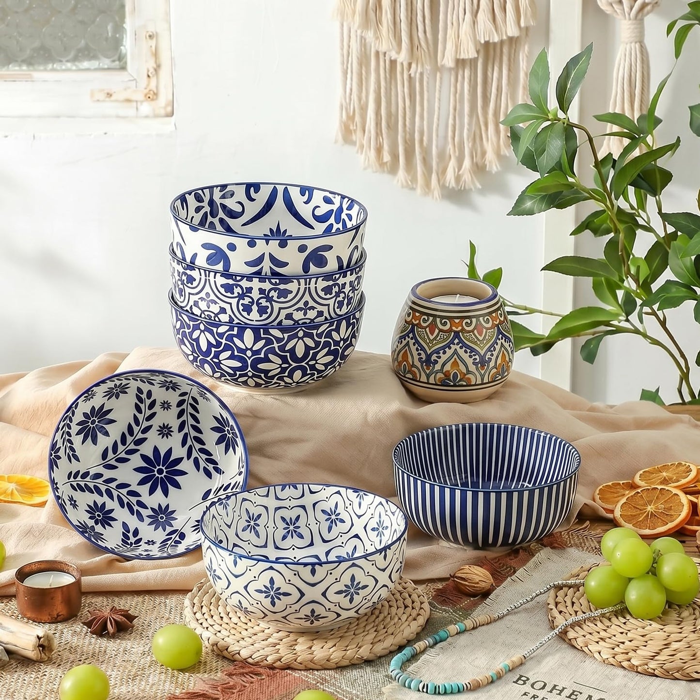 JINGUS Cereal Bowls, 28 Ounce Ceramic Soup Bowls Set of 6, Large Bowl Set for Rice Salad Fruit Dessert Oatmeal Snack Ice Cream,Microwave & Dishwasher Safe, Bohemian Blue & White